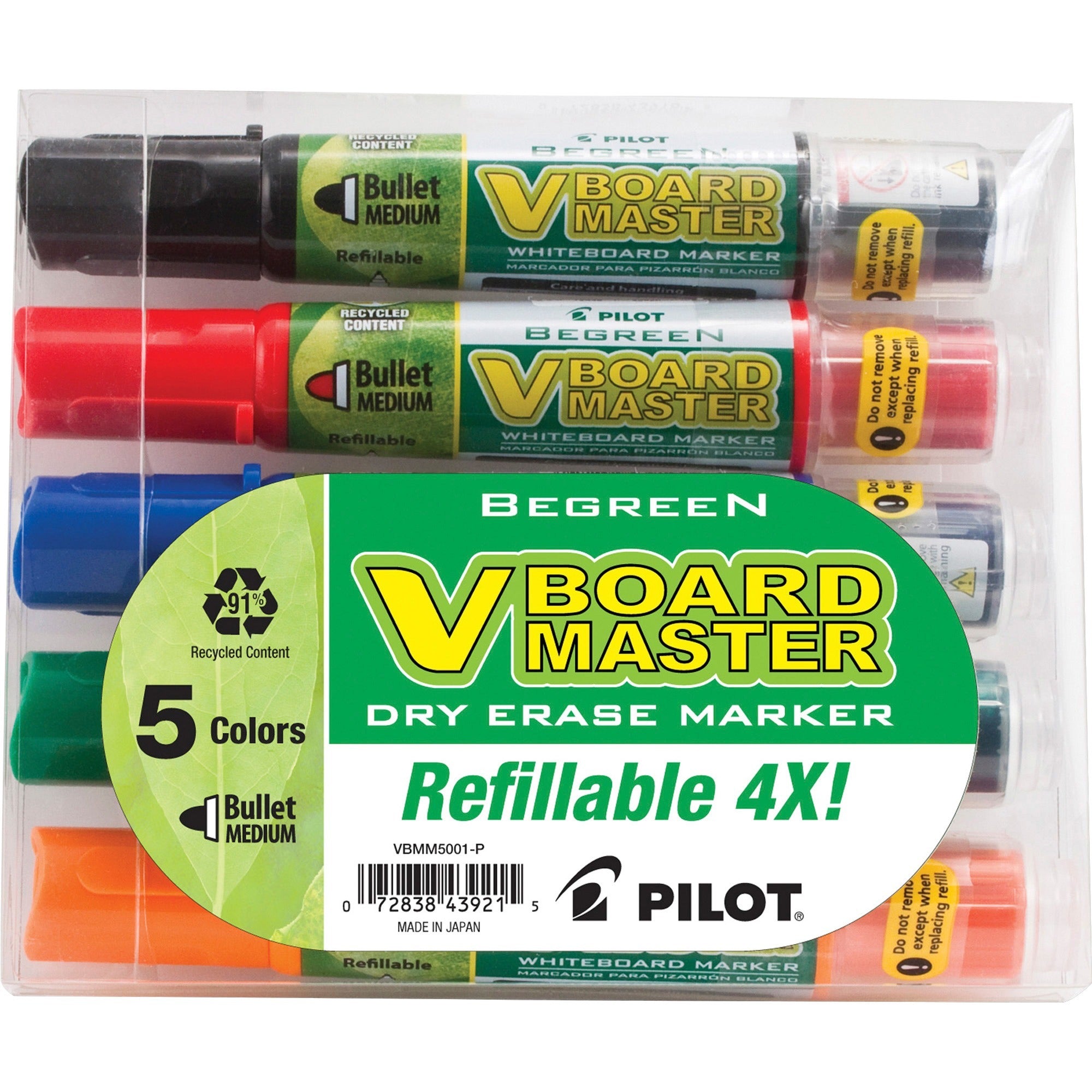Pilot BeGreen VBoard Master Medium Bullet Marker - Medium Marker Point - Bullet Marker Point Style - Refillable - 5 / Pack -