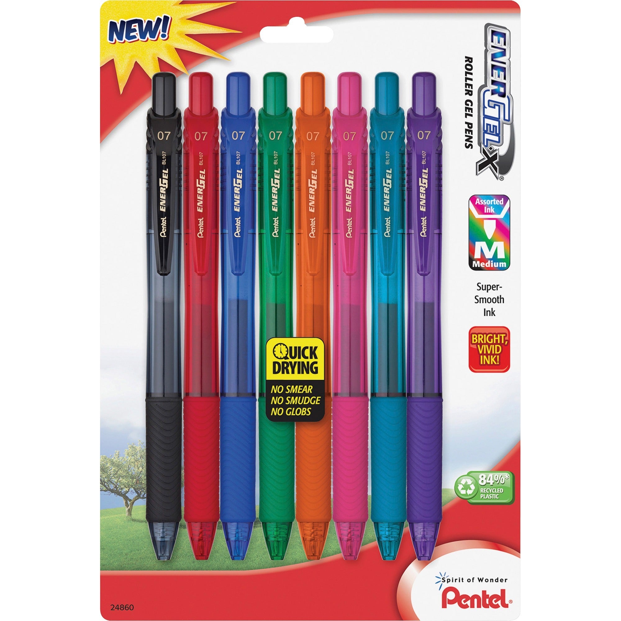 EnerGel EnerGel-X Retractable Gel Pens - Medium Pen Point - 0.7 mm Pen Point Size - Refillable - Retractable - Assorted Gel-based Ink - Assorted Barrel - Metal Tip - 8 / Pack -