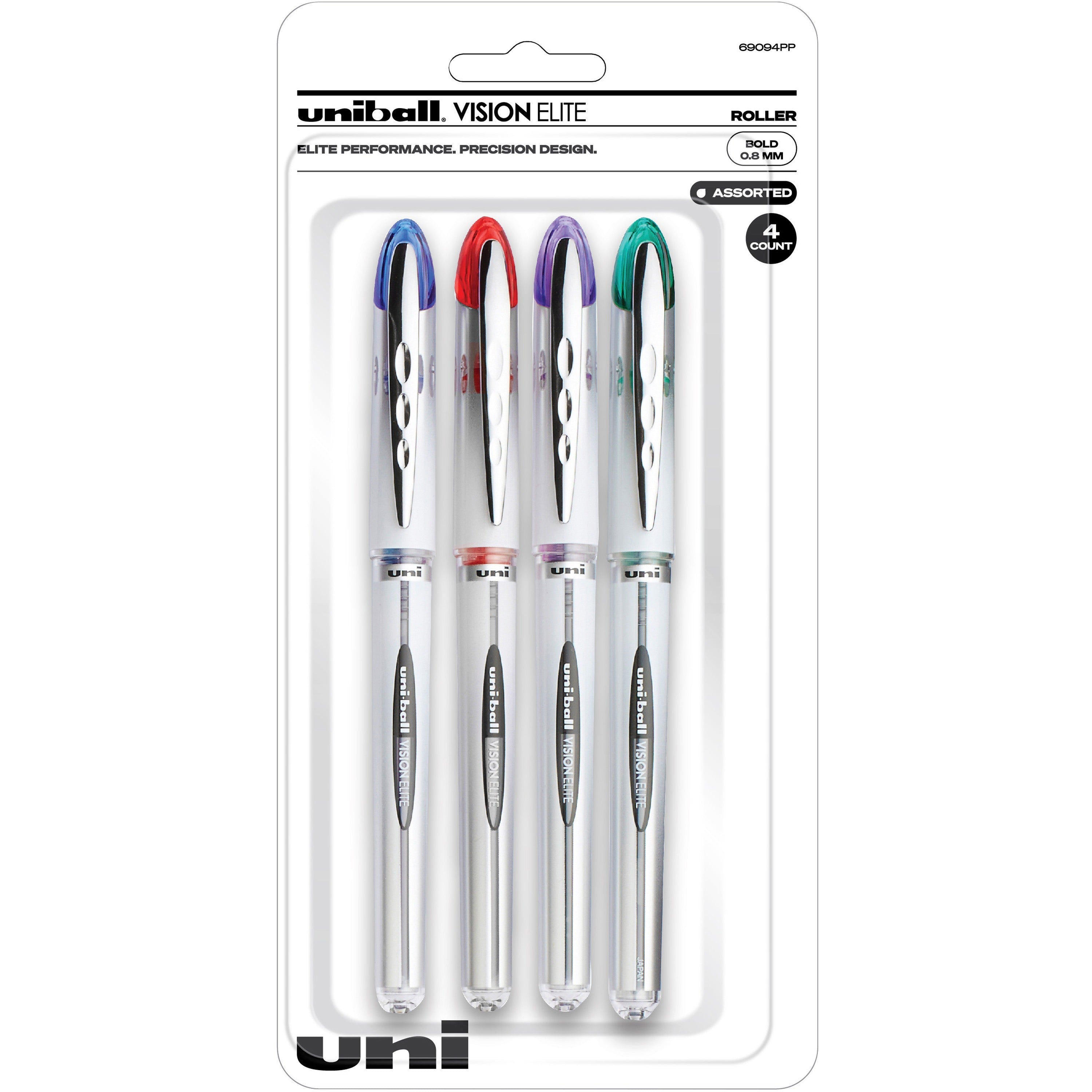 uniball-vision-elite-rollerball-pen-bold-pen-point-08-mm-pen-point-size-refillable-blue-red-green-violet-pigment-based-ink-4-pack_ubc69094pp - 1
