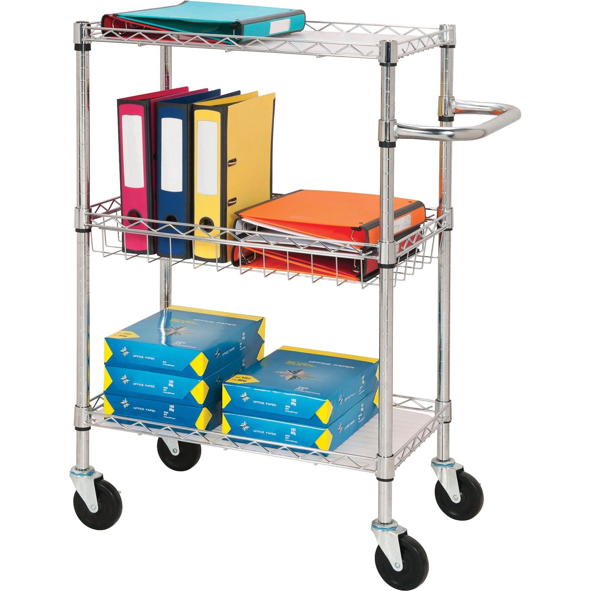 Lorell 3-Tier Rolling Cart - 99 lb Capacity - 4 Casters - Steel - x 16" Width x 26" Depth x 40" Height - Chrome - 1 Each -