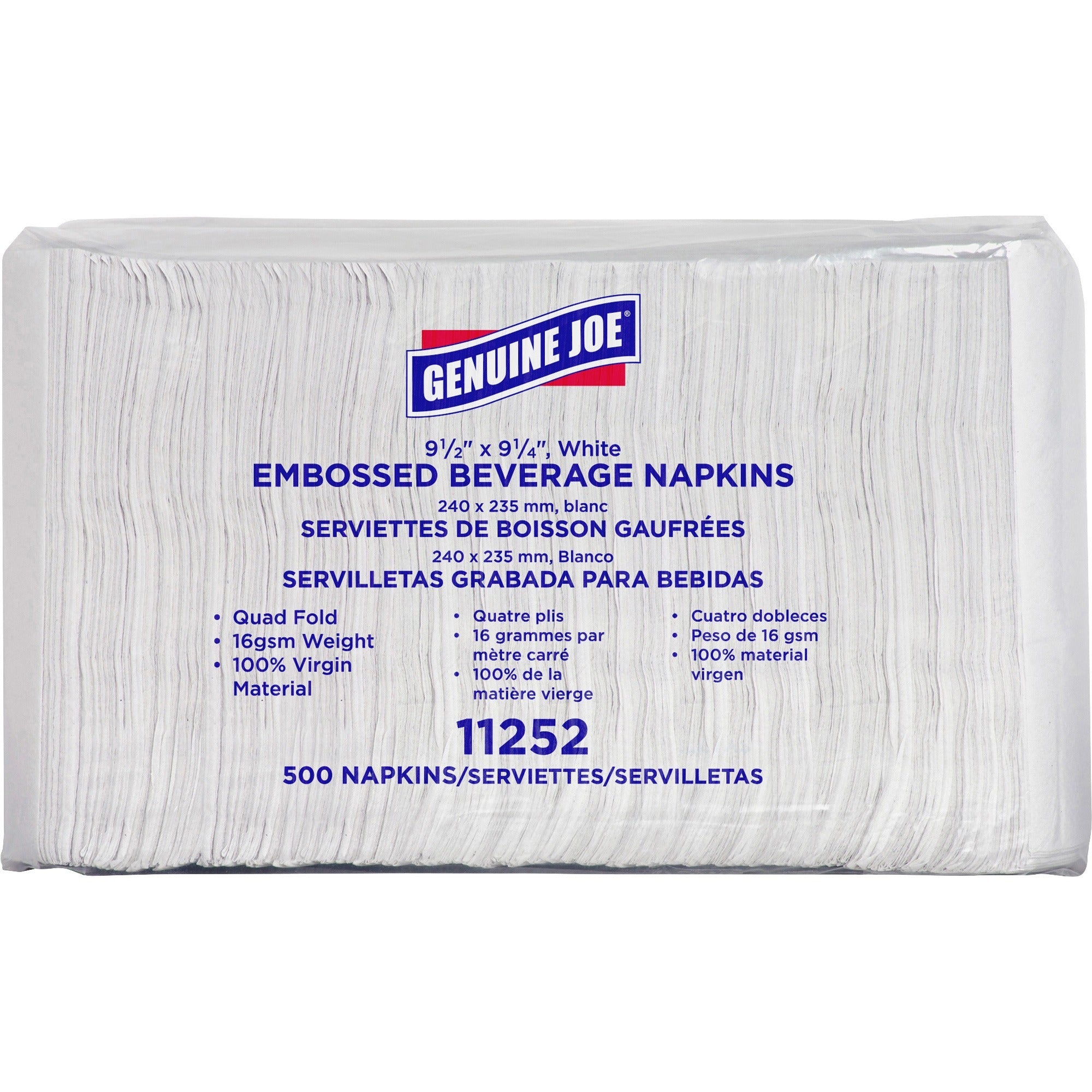 Genuine Joe Quad-fold Square Beverage Napkins - 1 Ply - 9.50" x 9.50" - White - Absorbent, Embossed, Quad-fold, Perforated - For Beverage - 500 Per Pack - 8 / Carton -