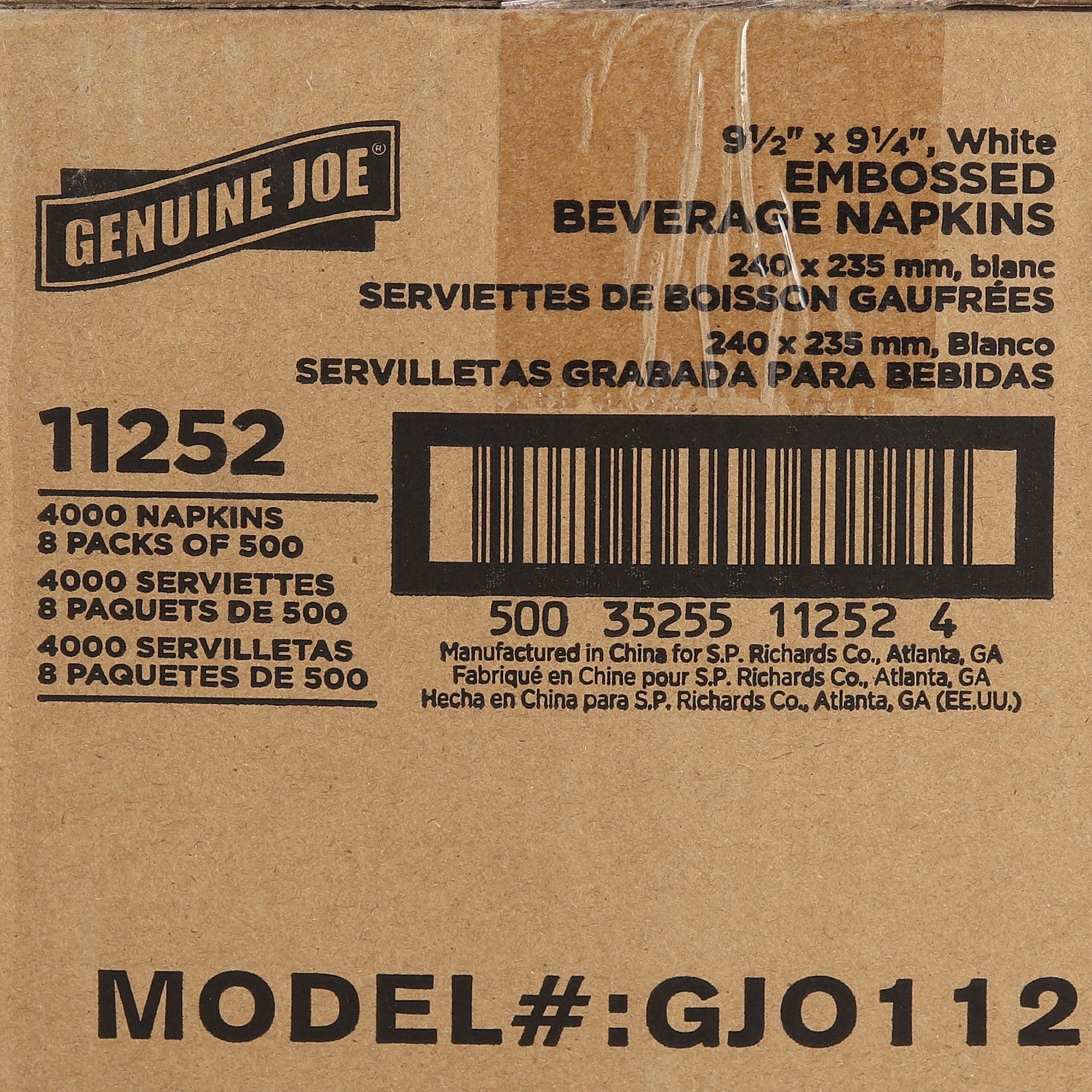 Genuine Joe Quad-fold Square Beverage Napkins - 1 Ply - 9.50" x 9.50" - White - Absorbent, Embossed, Quad-fold, Perforated - For Beverage - 500 Per Pack - 8 / Carton -