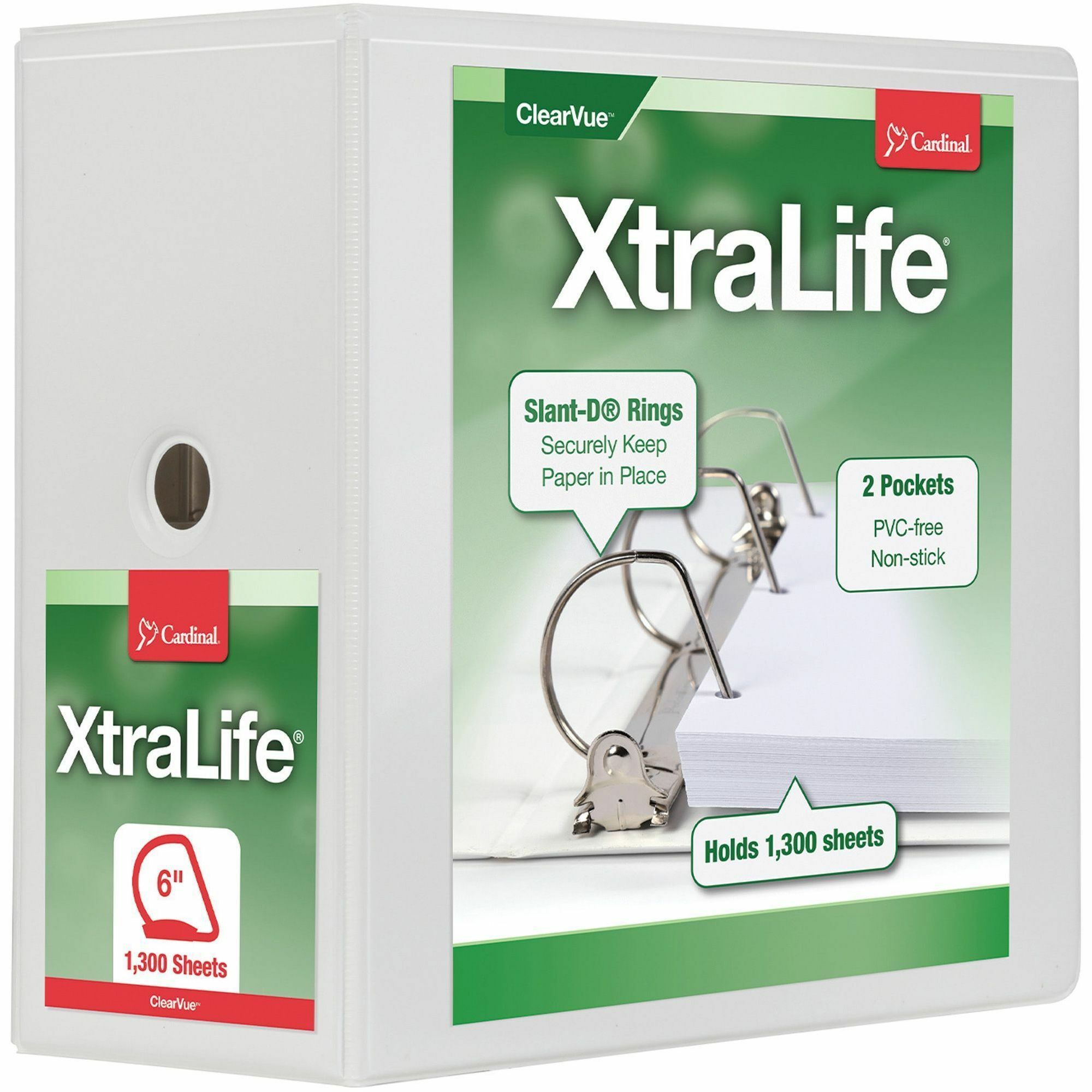 Cardinal Xtralife ClearVue Locking Slant-D Binders - 6" Binder Capacity - Letter - 8 1/2" x 11" Sheet Size - 1300 Sheet Capacity - 5 1/2" Spine Width - 3 x D-Ring Fastener(s) - 2 Inside Front & Back Pocket(s) - Polyolefin - White - 2.25 lb - Recycled -