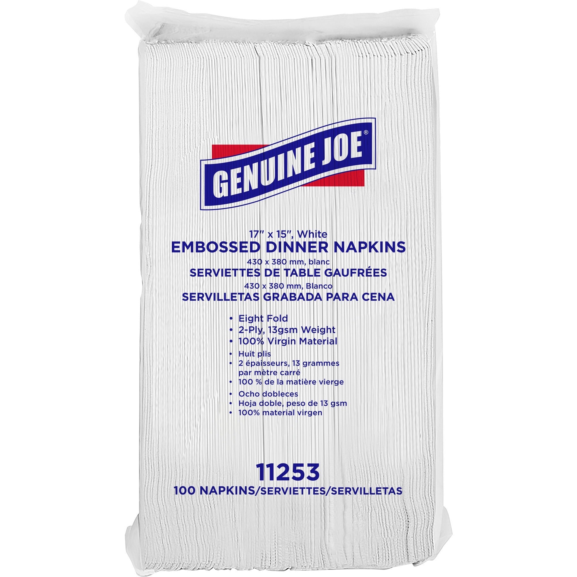 Genuine Joe Embossed Dinner Napkins - 2 Ply - 1/8 Fold - 17" x 15" - White - Soft, Foldable, Versatile - For Dinner - 100 Per Pack - 30 / Carton -
