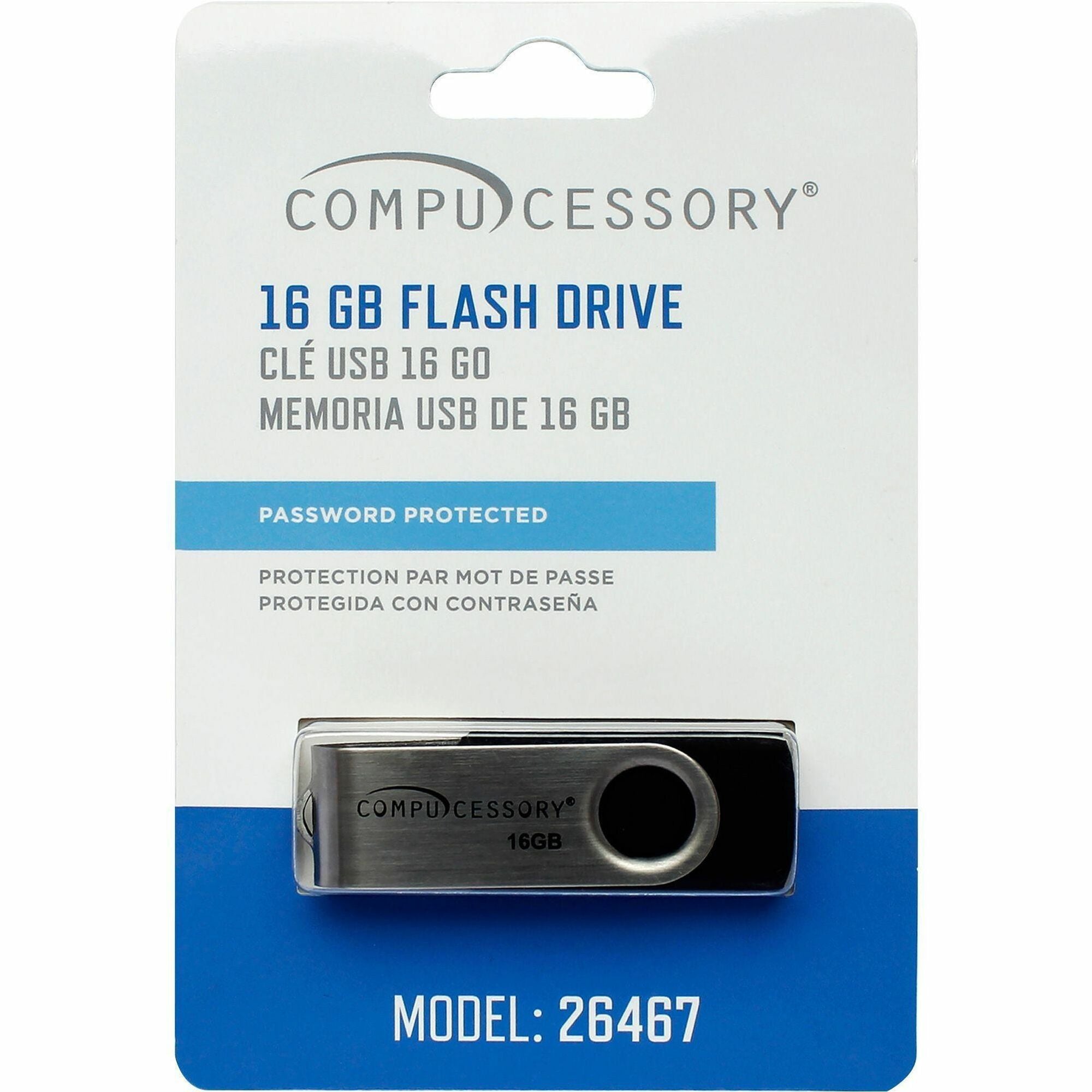 Compucessory Password Protected USB Flash Drives - 16 GB - USB 2.0 - 12 MB/s Read Speed - 5 MB/s Write Speed - Aluminum - 1 Year Warranty - 1 Each -