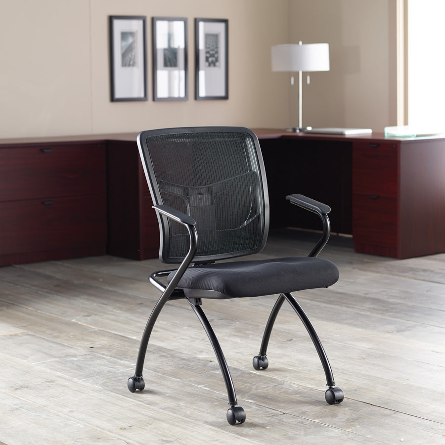 Lorell Mesh Back Nesting Training/Guest Chairs - Fabric Seat - Powder Coated Metal Frame - Four-legged Base - Black - Mesh - Armrest - 2 / Carton -
