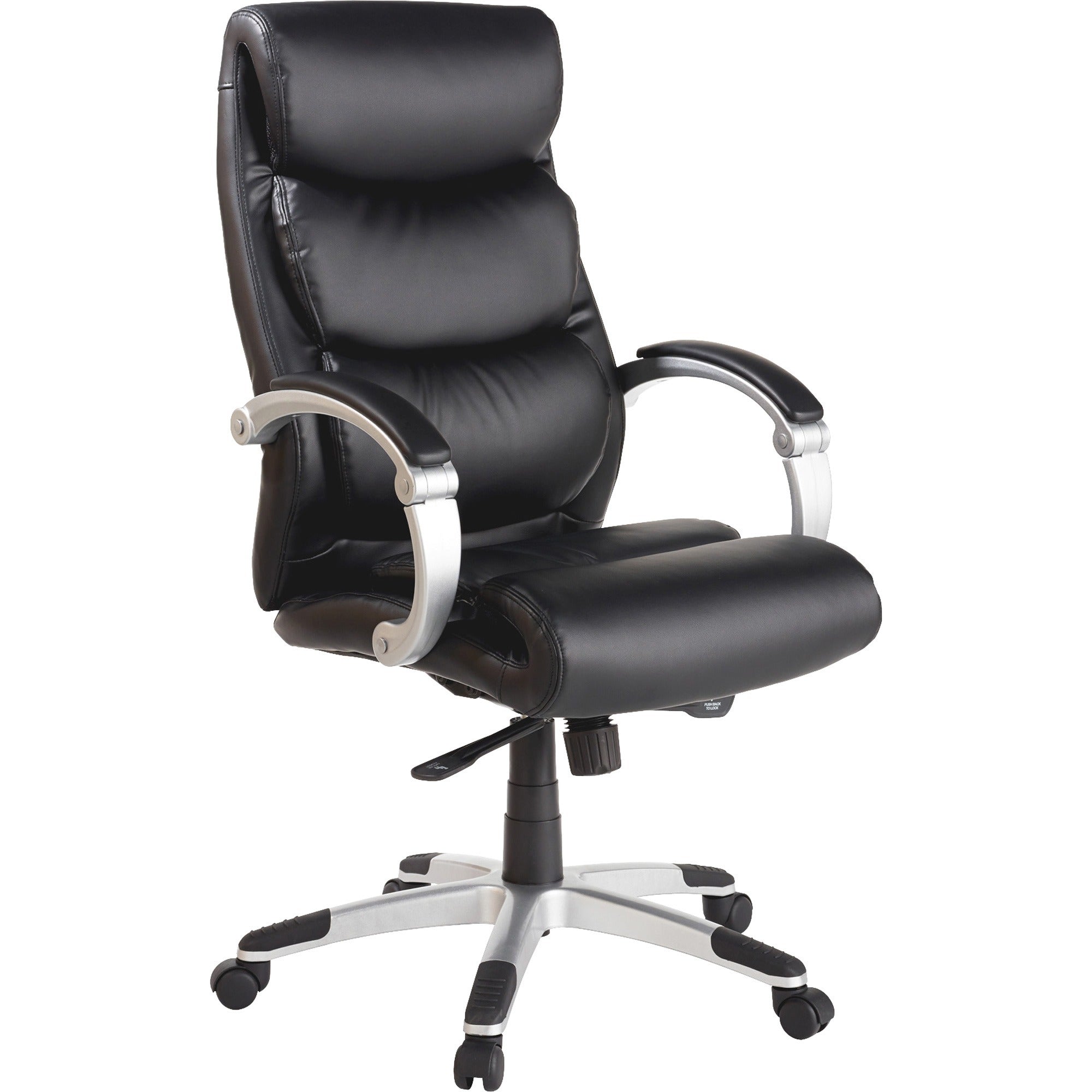 Lorell Executive High-back Chair with Flexing Arms - Powder Coated Frame - 5-star Base - Black, Silver - Bonded Leather - 1 Each -