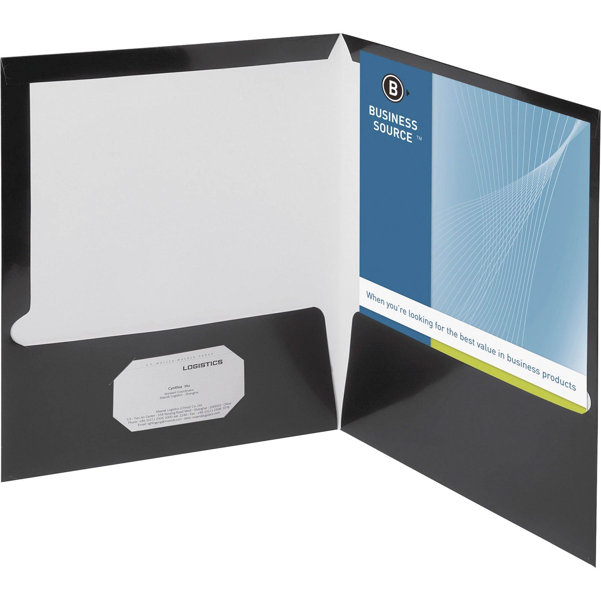 Business Source Letter Pocket Folder - 8 1/2" x 11" - 100 Sheet Capacity - 2 Internal Pocket(s) - Black - 25 / Box -