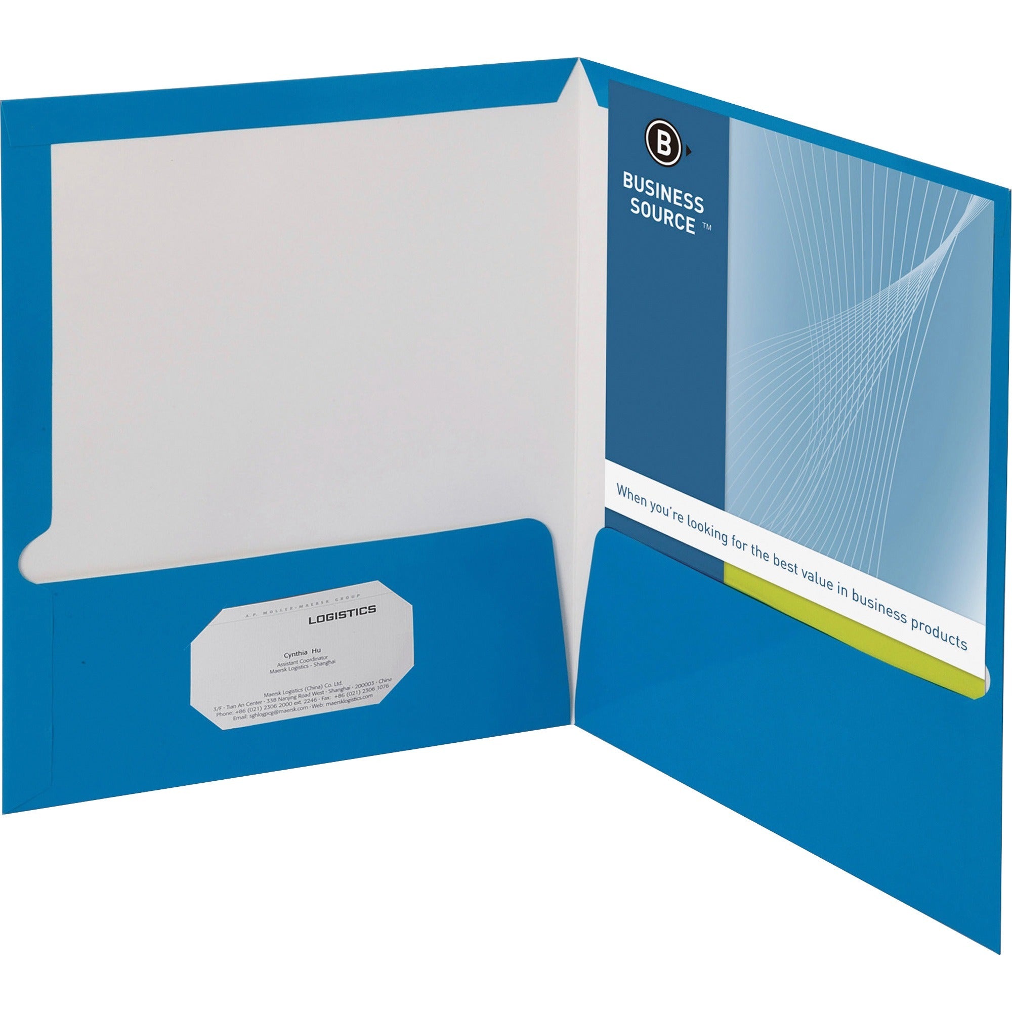 Business Source Letter Pocket Folder - 8 1/2" x 11" - 100 Sheet Capacity - 2 Internal Pocket(s) - Blue - 25 / Box -