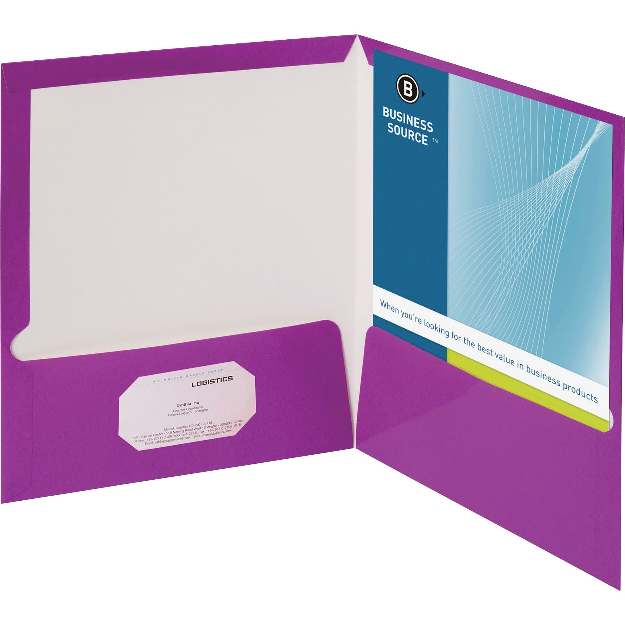 Business Source Letter Pocket Folder - 8 1/2" x 11" - 100 Sheet Capacity - 2 Internal Pocket(s) - Card Paper - Purple - 25 / Box -