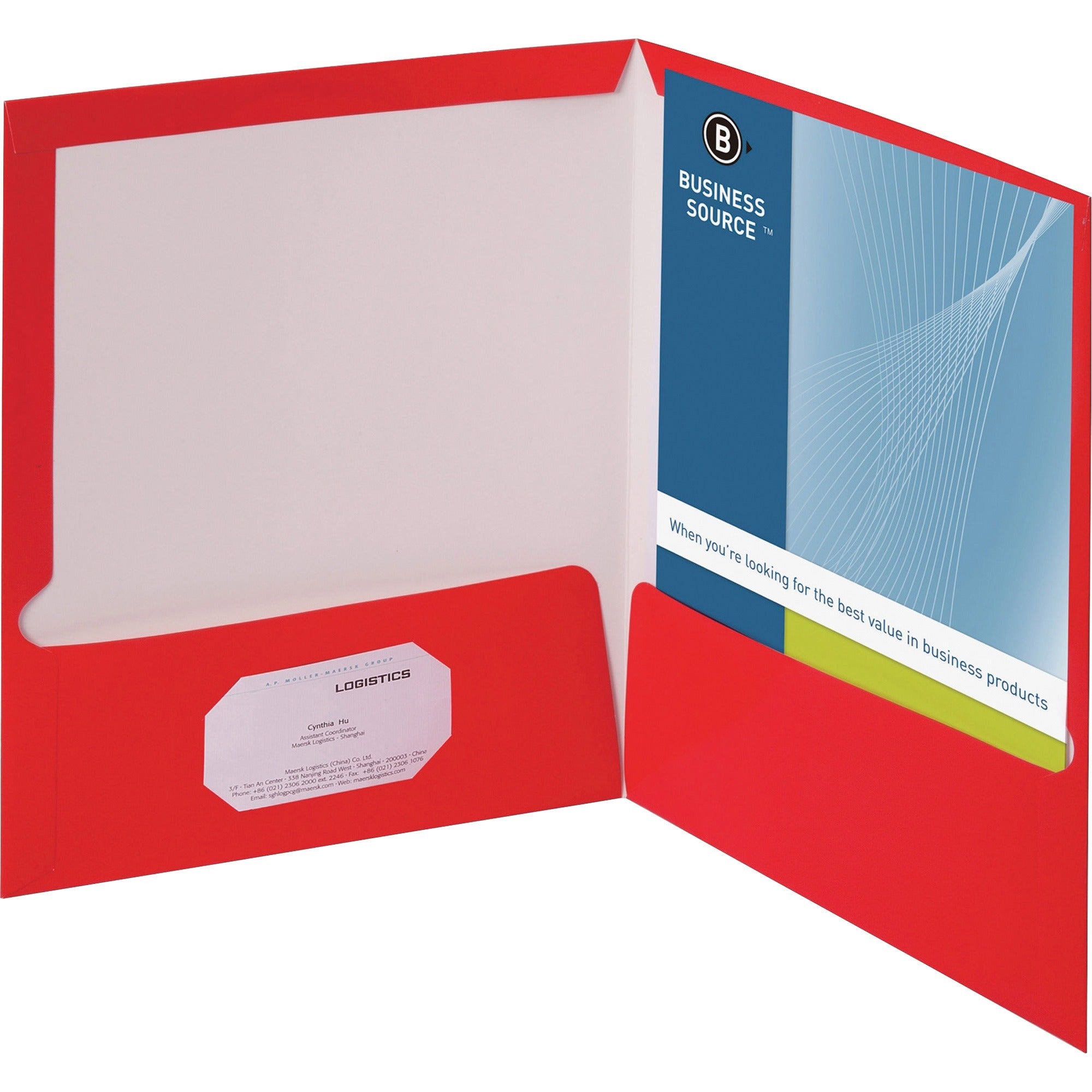 Business Source Letter Pocket Folder - 8 1/2" x 11" - 100 Sheet Capacity - 2 Internal Pocket(s) - Card Paper - Red - 25 / Box -