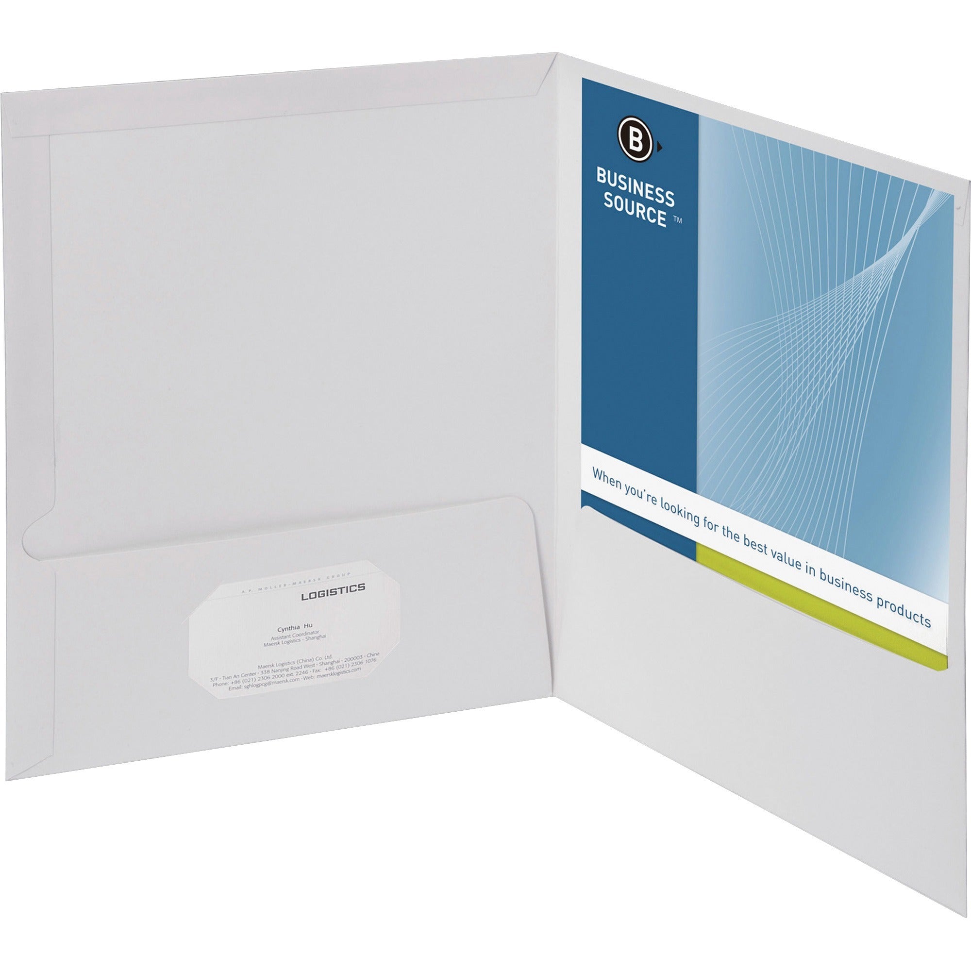 Business Source Letter Pocket Folder - 8 1/2" x 11" - 100 Sheet Capacity - 2 Internal Pocket(s) - White - 25 / Box -