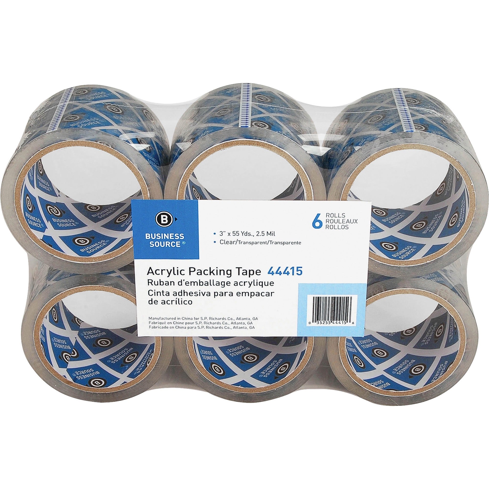 Business Source Acrylic Packing Tape - 55 yd Length x 3" Width - 2.5 mil Thickness - 3" Core - Pressure-sensitive Poly - Acrylic Backing - For Mailing, Shipping, Storing - 6 / Pack - Clear -