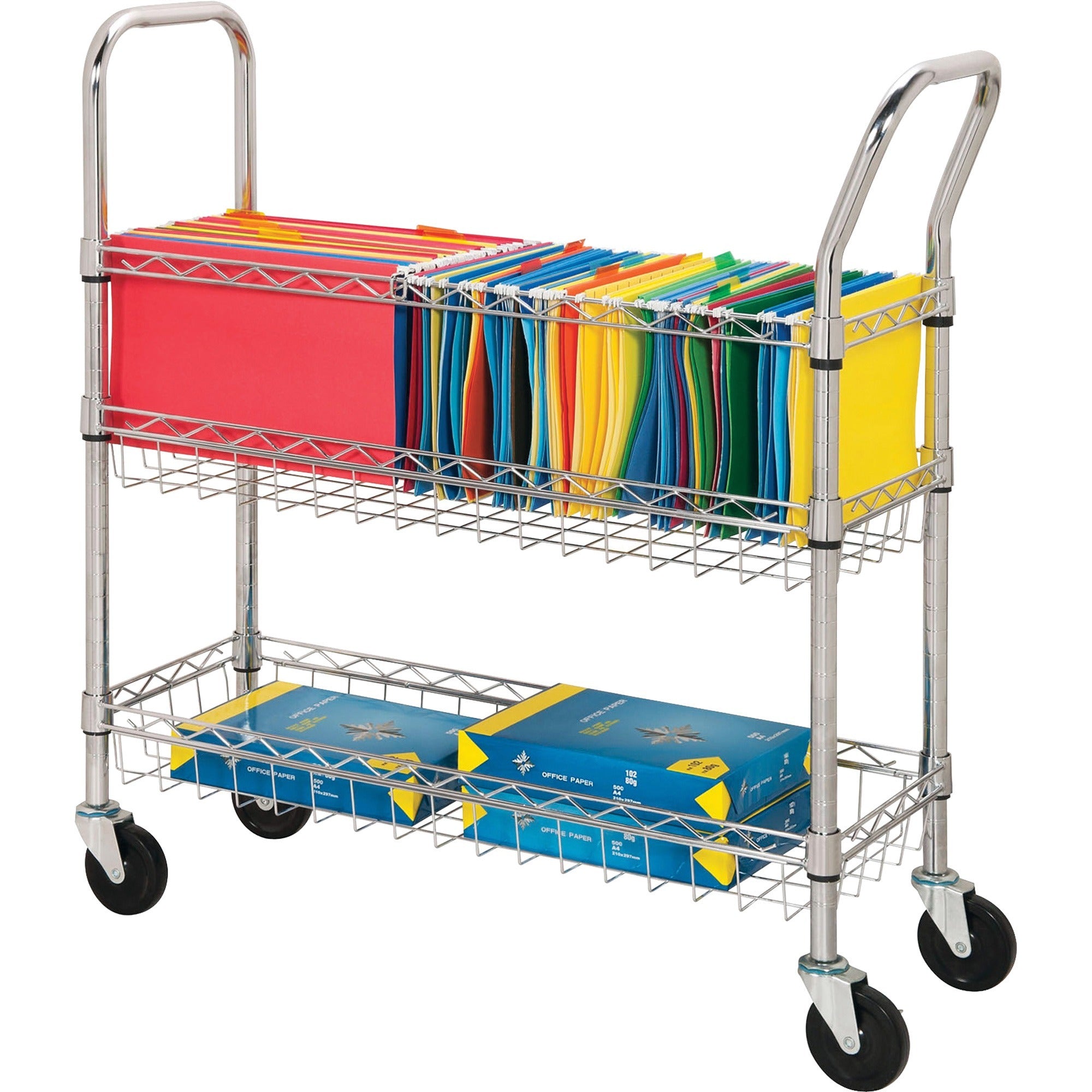 Lorell Mobile Wire Mail Cart - 99.21 lb Capacity - 4 Casters - 4" Caster Size - Steel - x 34.3" Width x 12.5" Depth x 40" Height - Chrome - 1 Each -