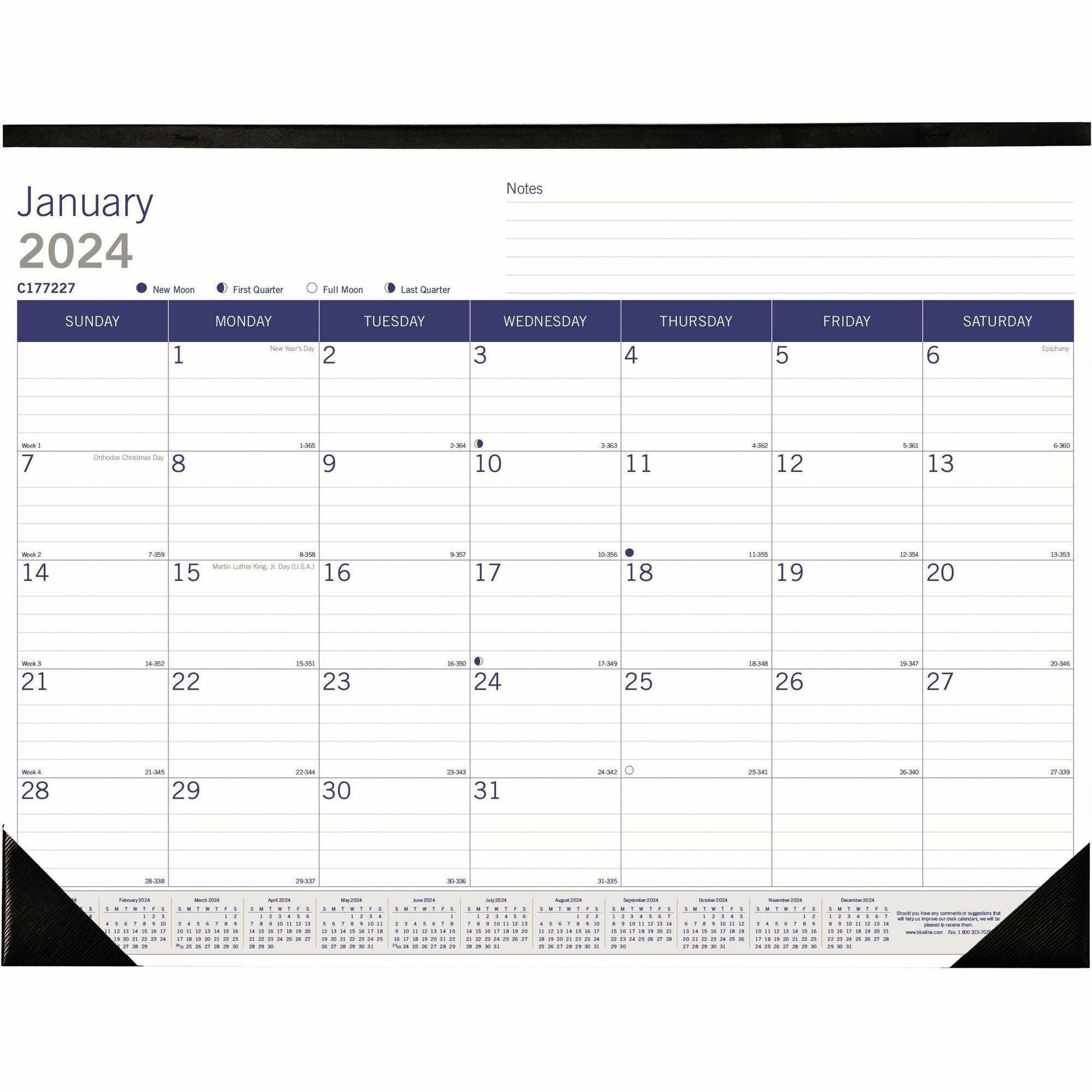 Blueline DuraGlobe Monthly Desk Pad Calendar - Julian Dates - Monthly - 12 Month - January 2024 - December 2024 - 1 Month Single Page Layout - 22" x 17" Sheet Size - Desk Pad - Chipboard, Paper - Reference Calendar, Eco-friendly, Notepad, Reinforced -