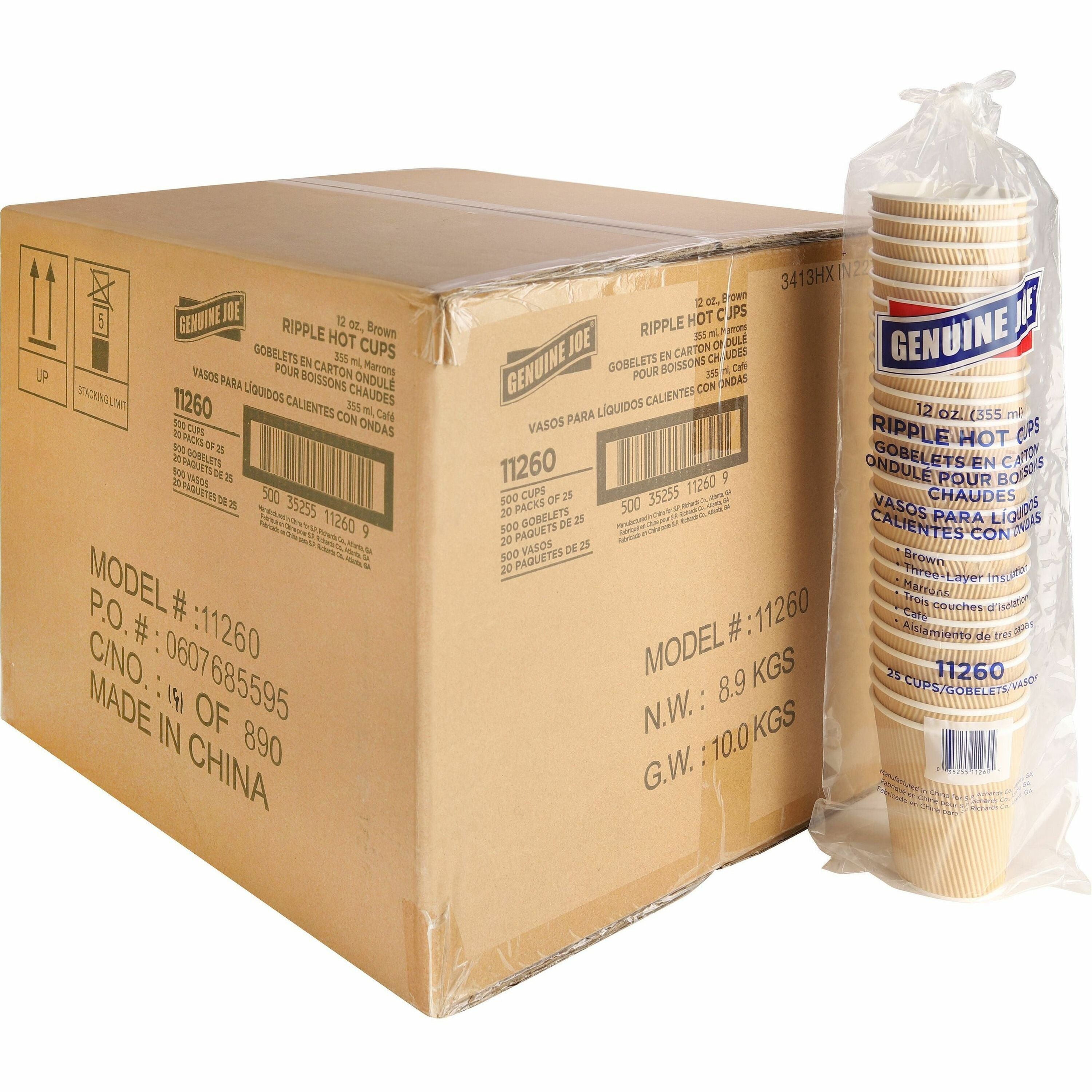 Genuine Joe 12 oz Rippled Hot Cups - 25.0 / Pack - 20 / Carton - Brown - Hot Drink, Beverage -