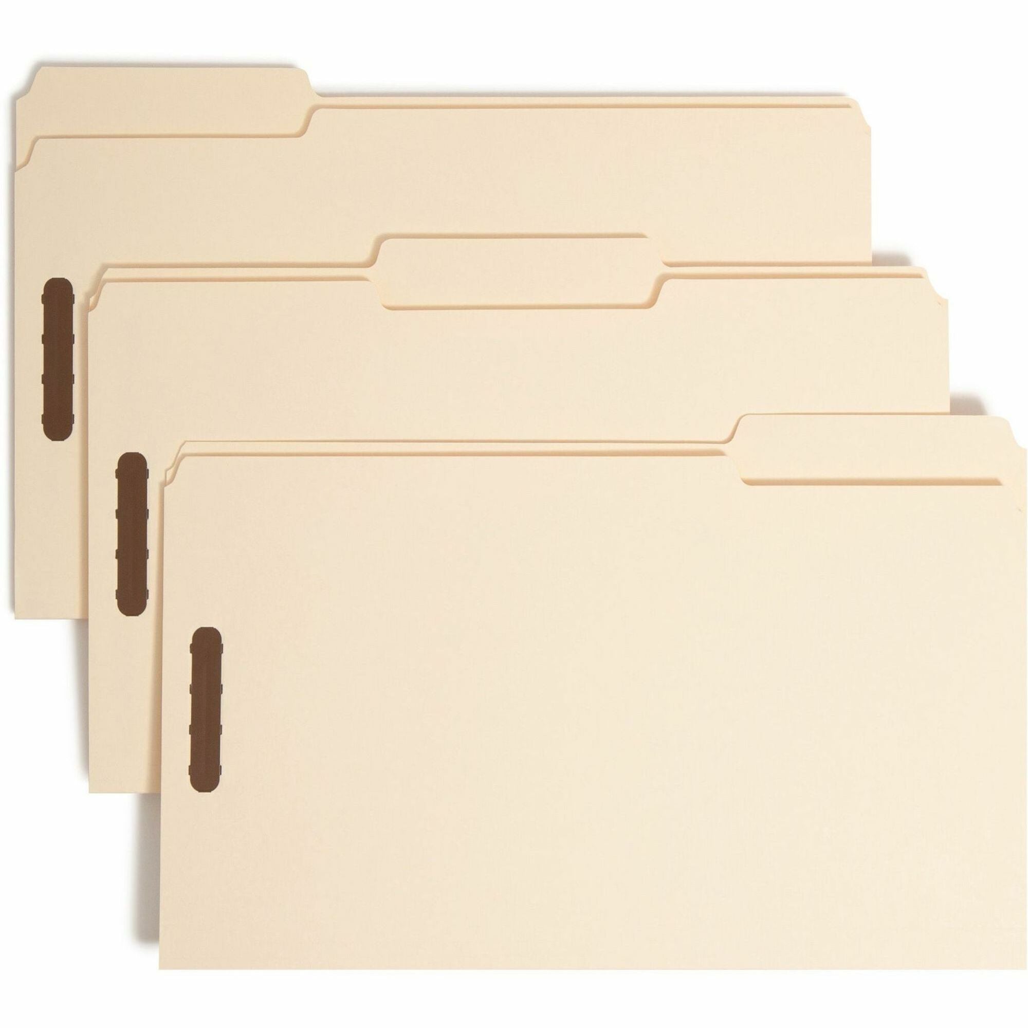 Smead 1/3 Tab Cut Legal Recycled Fastener Folder - 8 1/2" x 14" - 2 x 2K Fastener(s) - Top Tab Location - Assorted Position Tab Position - Manila - 10% Paper Recycled - 50 / Box -