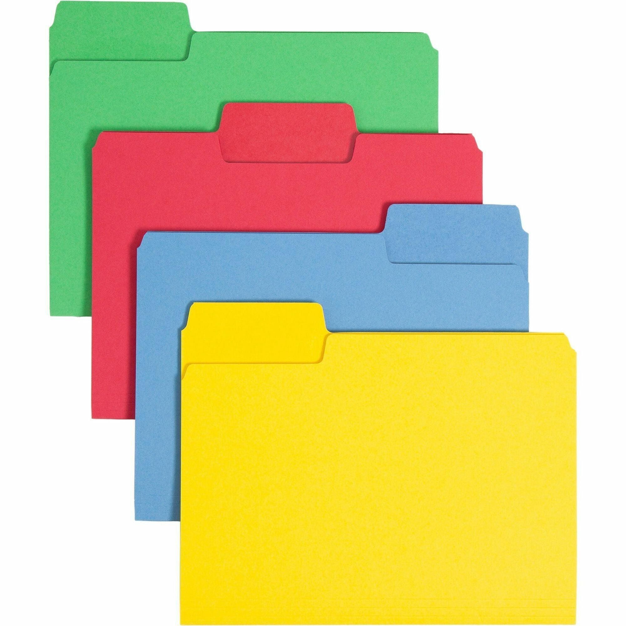 Smead SuperTab 1/3 Tab Cut Letter Recycled Top Tab File Folder - 8 1/2" x 11" - Top Tab Location - Assorted Position Tab Position - Blue, Red, Green, Yellow - 10% Paper Recycled - 24 / Pack -