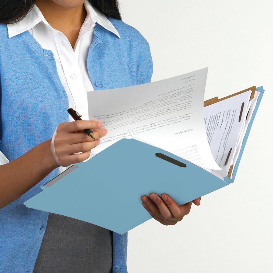 Smead 2/5 Tab Cut Legal Recycled Classification Folder - 3" Folder Capacity - 8 1/2" x 14" - 3" Expansion - 2 x 2K Fastener(s) - Top Tab Location - Right of Center Tab Position - 3 Divider(s) - Pressboard - Blue - 100% Paper Recycled - 10 / Box -