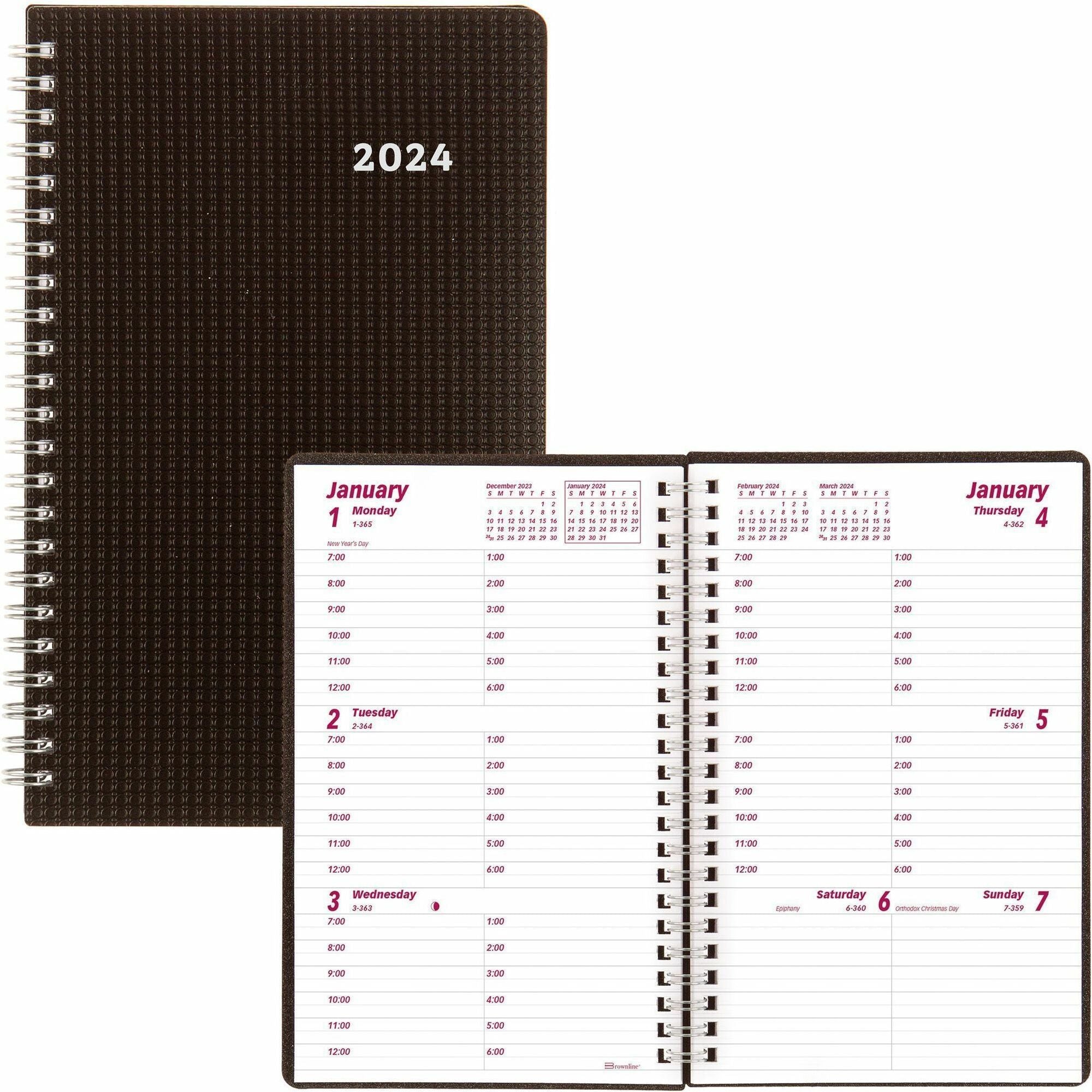 Brownline DuraFlex Weekly Appointment Book - Julian Dates - Weekly - 12 Month - January 2024 - December 2024 - 7:00 AM to 6:00 PM - Hourly - 1 Week Double Page Layout - 5" x 8" Sheet Size - Twin Wire - Black - Poly - Textured Cover, Moon Phases, Refe -