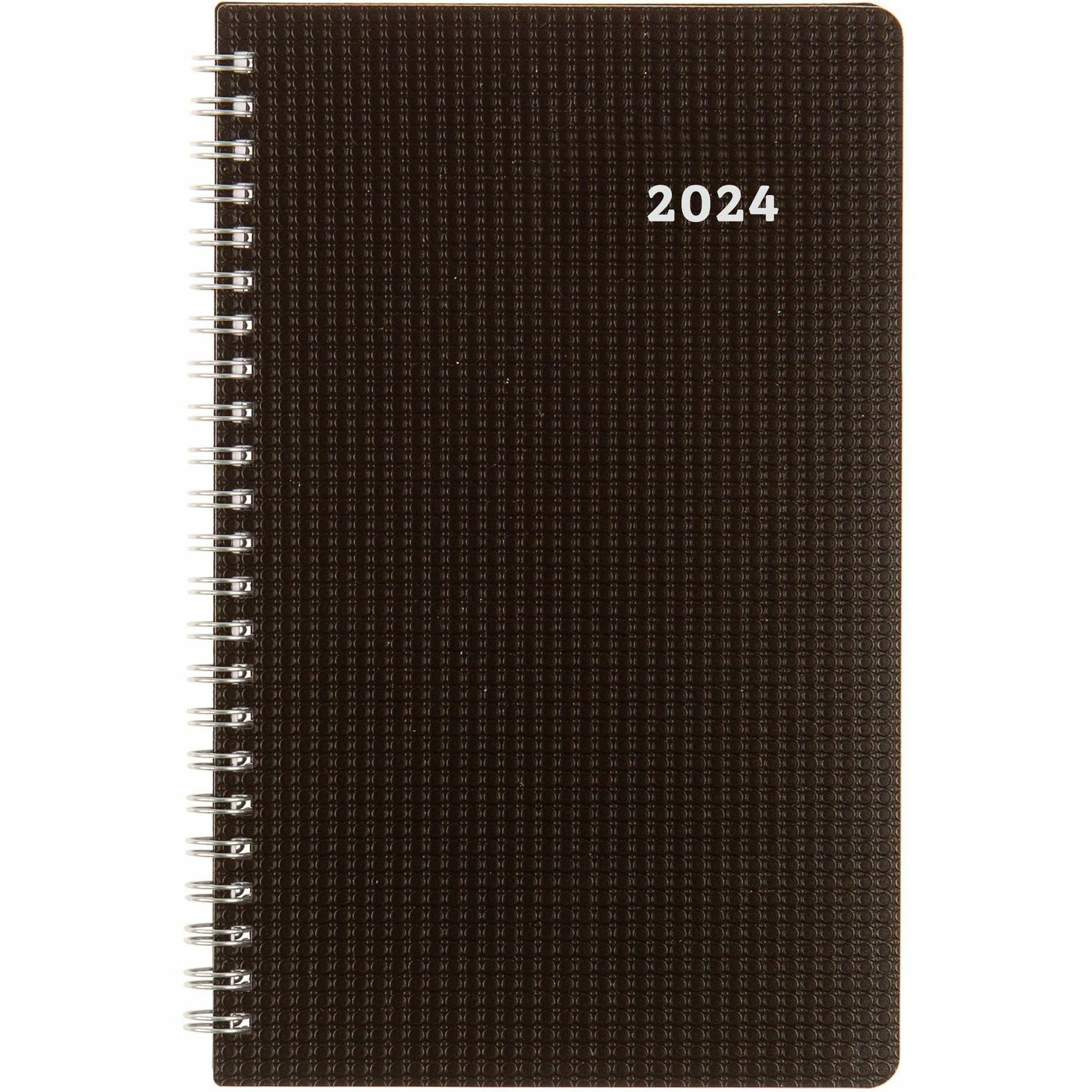 Brownline DuraFlex Weekly Appointment Book - Julian Dates - Weekly - 12 Month - January 2024 - December 2024 - 7:00 AM to 6:00 PM - Hourly - 1 Week Double Page Layout - 5" x 8" Sheet Size - Twin Wire - Black - Poly - Textured Cover, Moon Phases, Refe -