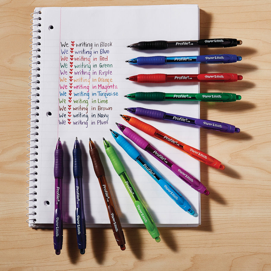 Paper Mate Profile Ballpoint Pen - Bold Pen Point - 1.4 mm Pen Point Size - Refillable - Retractable - Black, Blue, Green, Brown, Lime, Magenta, Navy, Orange, Purple, Turquoise, Violet - Turquoise Barrel - 12 / Pack - 2