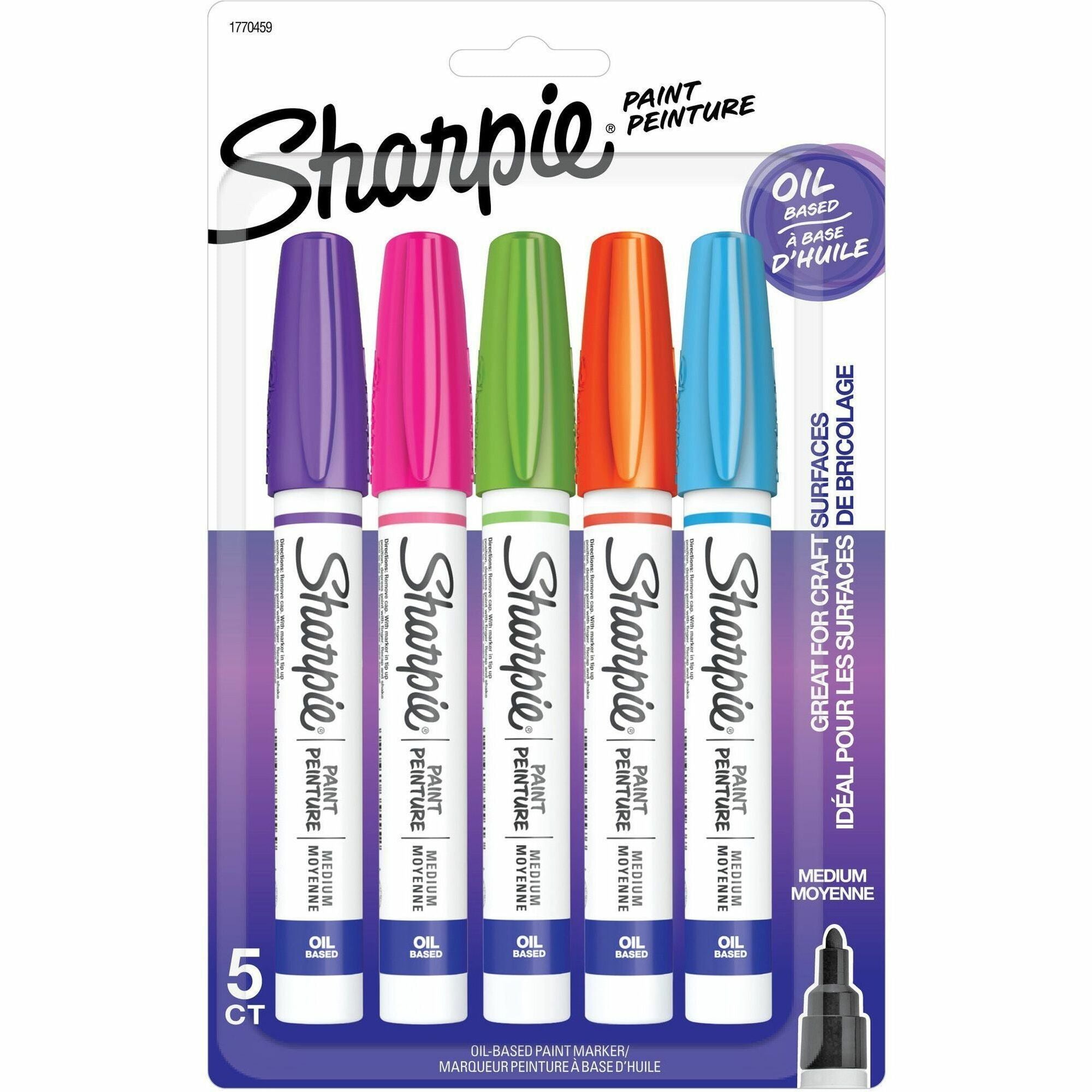 Sharpie Oil-Based Paint Marker - Medium Point - Medium Marker Point - Aqua, Orange, Lime Green, Pink, Purple Oil Based Ink - 5 / Pack