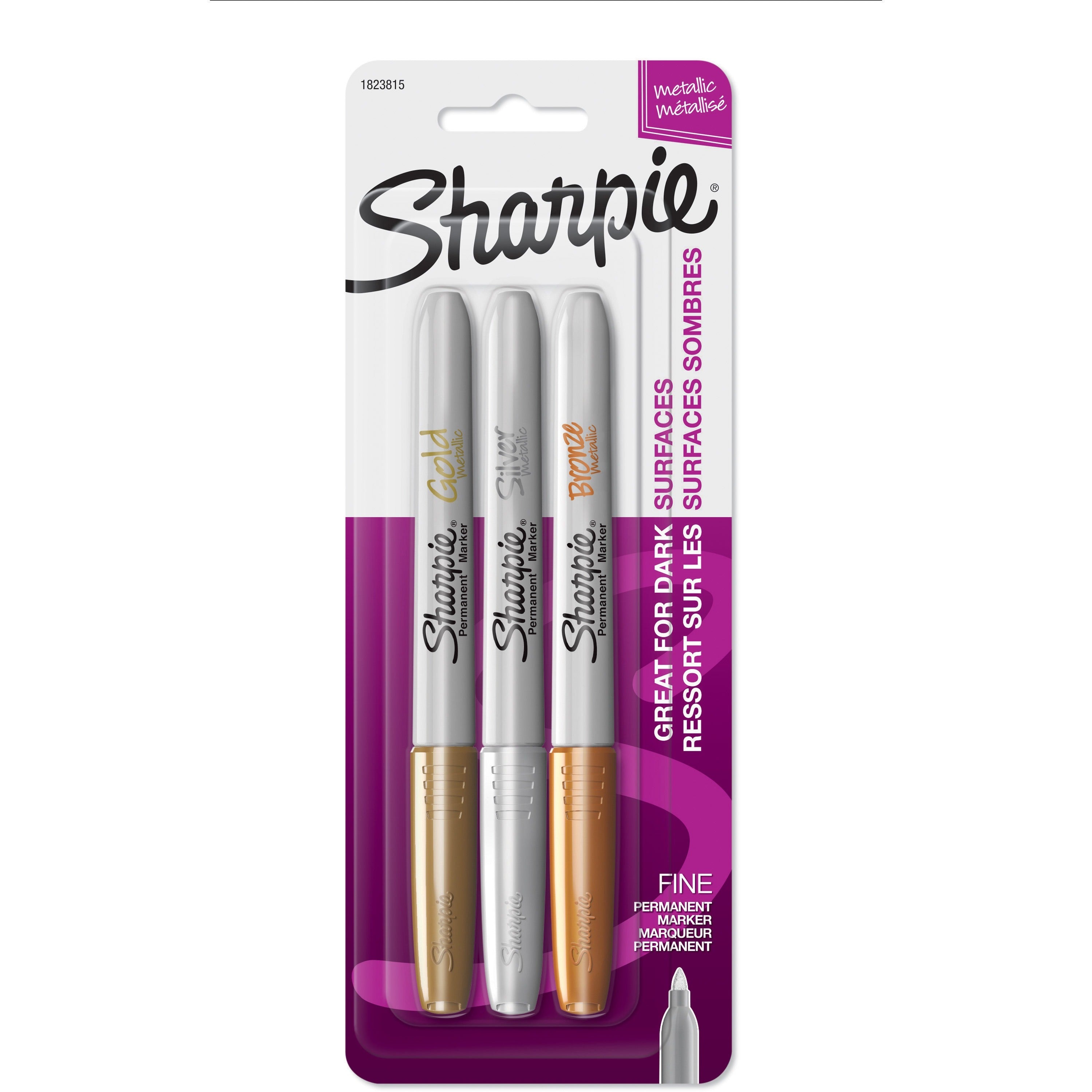 Sharpie Metallic Fine Point Permanent Marker - Fine Marker Point - Gold, Silver, Bronze Alcohol Based Ink - 3 / Set -