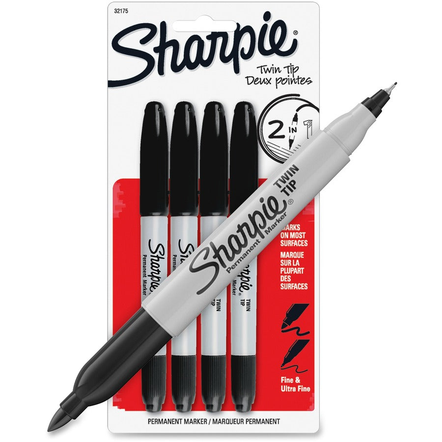 Sharpie Twin Tip Permanent Markers - Fine, Ultra Fine Marker Point - Black Alcohol Based Ink - 4 / Pack -