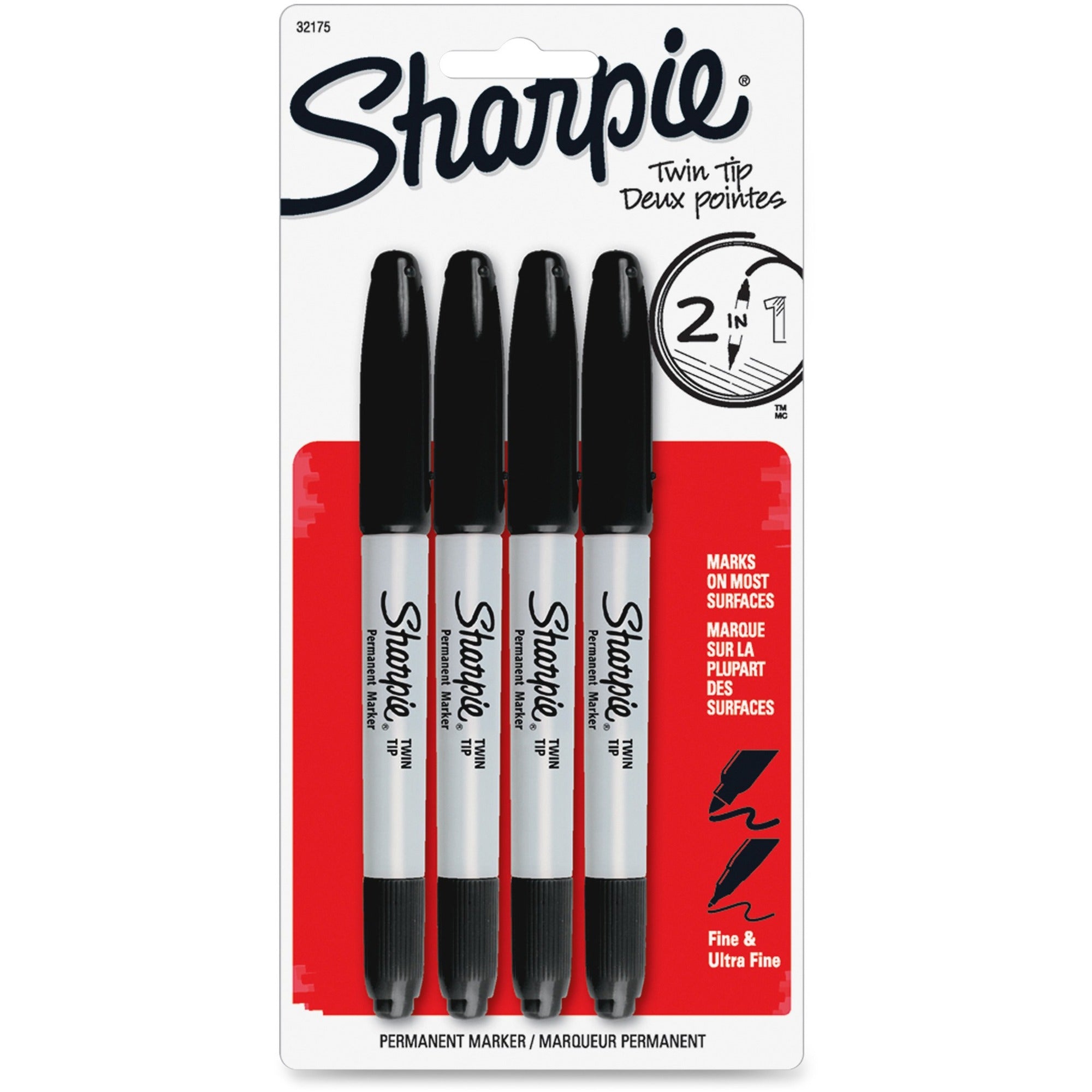 Sharpie Twin Tip Permanent Markers - Fine, Ultra Fine Marker Point - Black Alcohol Based Ink - 4 / Pack -