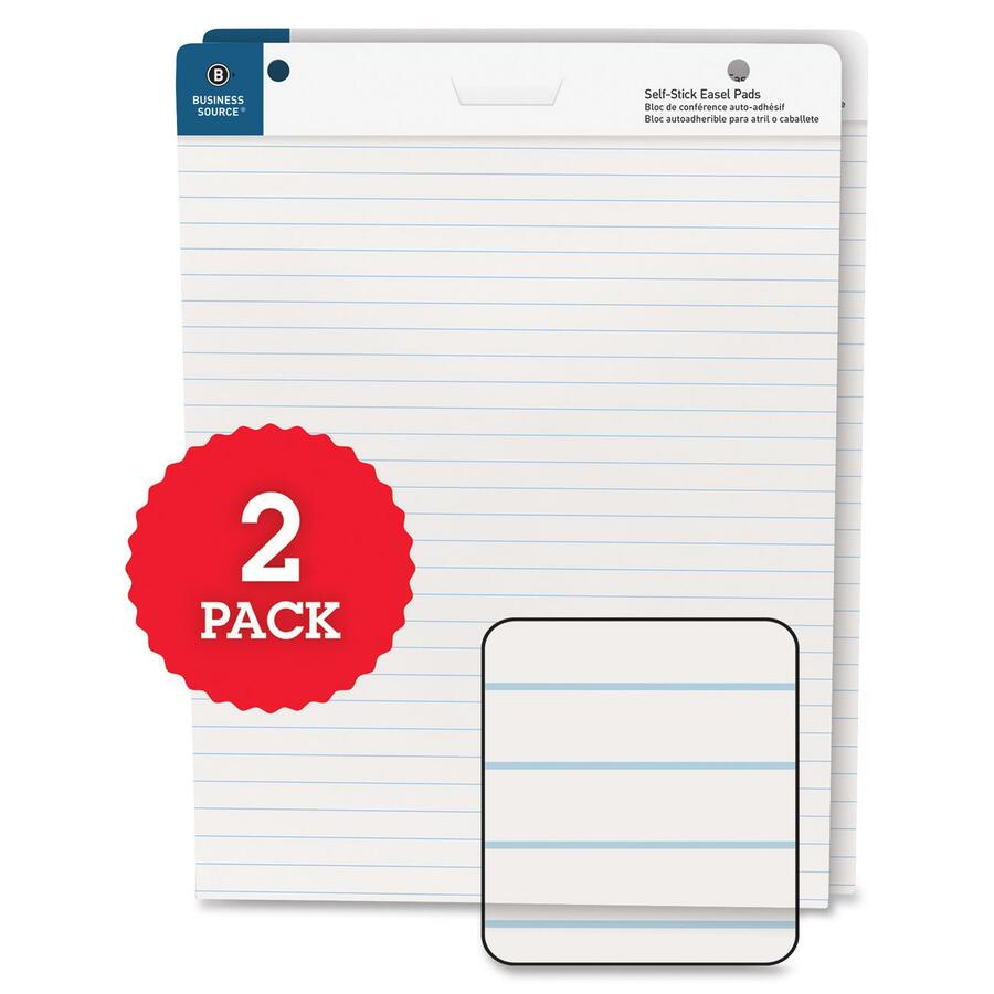 Business Source 25"x30" Lined Self-stick Easel Pads - 30 Sheets - 25" x 30" - White Paper - Cardboard Cover - Self-stick - 2 / Carton -