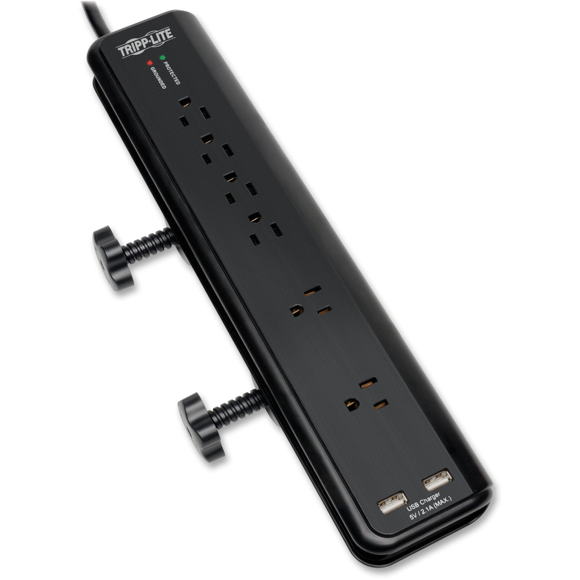 Tripp Lite by Eaton Protect It! 6-Outlet Clamp-Mount Surge Protector 6 ft. (1.83 m) Cord 2100 Joules 2 x USB Charging ports (2.1A total) - 6 x NEMA 5-15R - 1875 VA - 2100 J - 120 V AC Input - 5 V DC Output -