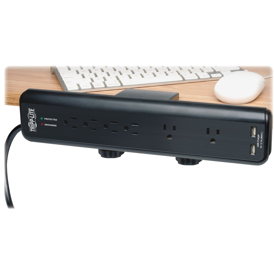 Tripp Lite by Eaton Protect It! 6-Outlet Clamp-Mount Surge Protector 6 ft. (1.83 m) Cord 2100 Joules 2 x USB Charging ports (2.1A total) - 6 x NEMA 5-15R - 1875 VA - 2100 J - 120 V AC Input - 5 V DC Output -