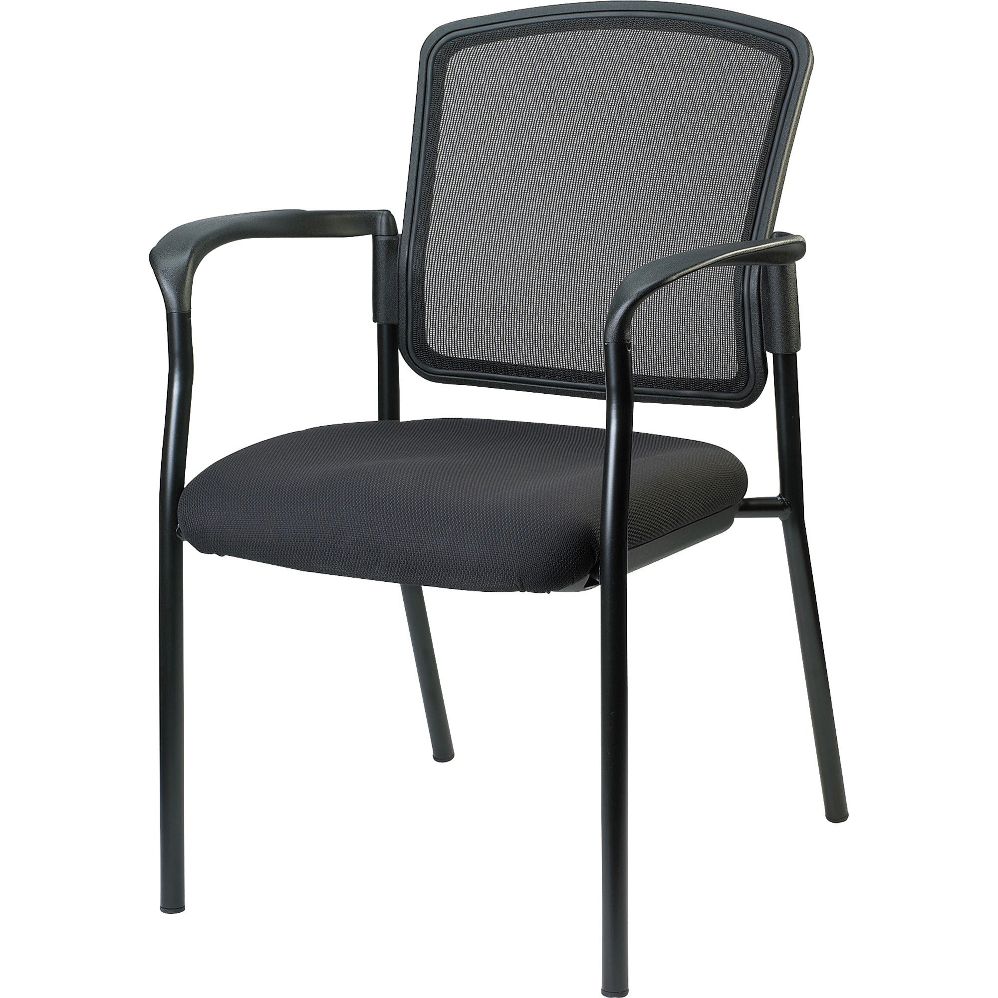 Lorell Mesh Back Stackable Guest Chair - Black Fabric Seat - Black Steel Frame - Black - Armrest - 1 Each -