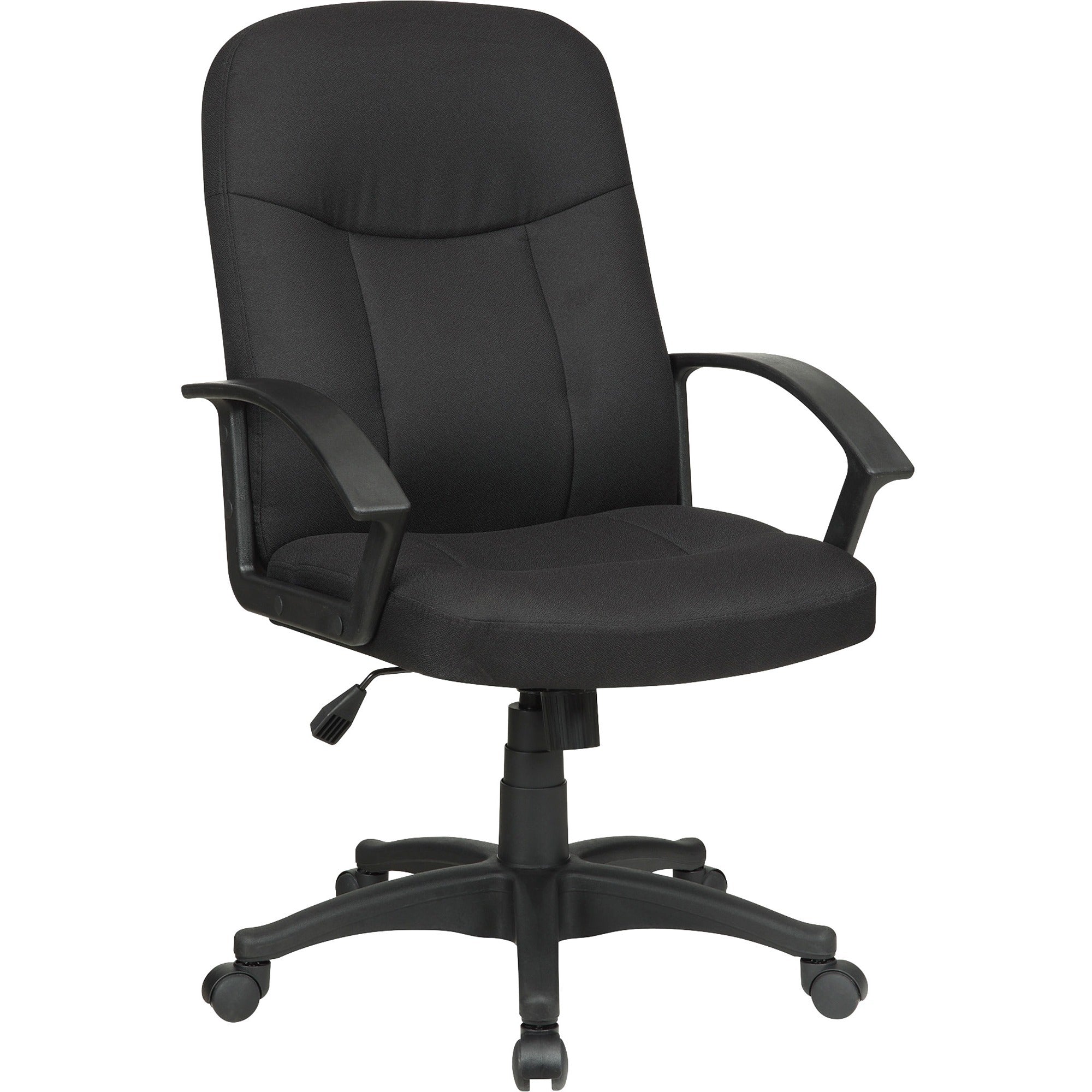 Lorell Executive Upholstered Mid-Back Chair - Black Fabric Seat - Black Fabric Back - Black Frame - 5-star Base - 1 Each -