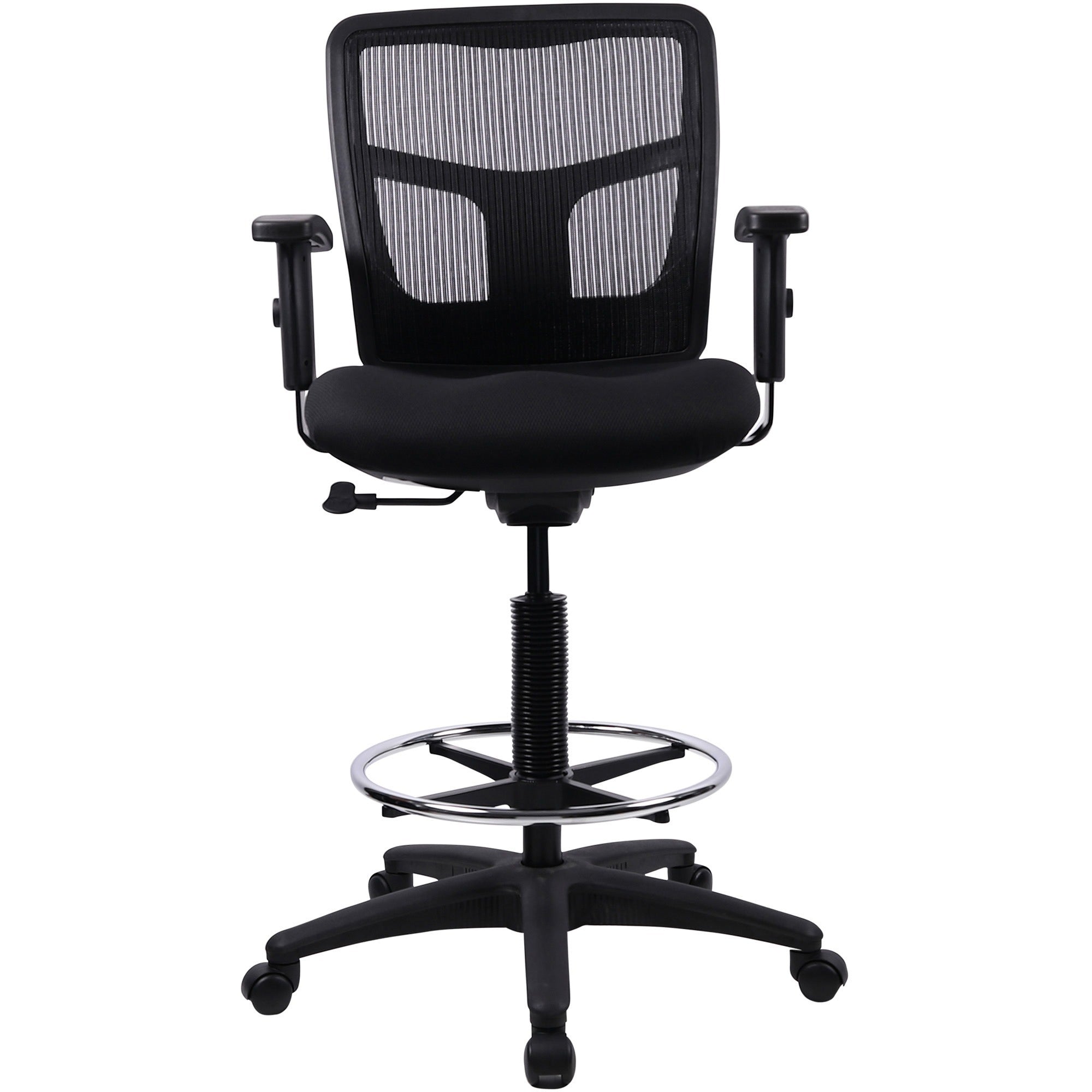 Lorell Ratchet Back Mesh Mid-Back Stool - Black Fabric Seat - Black Mesh Back - 5-star Base - Black - 1 Each -