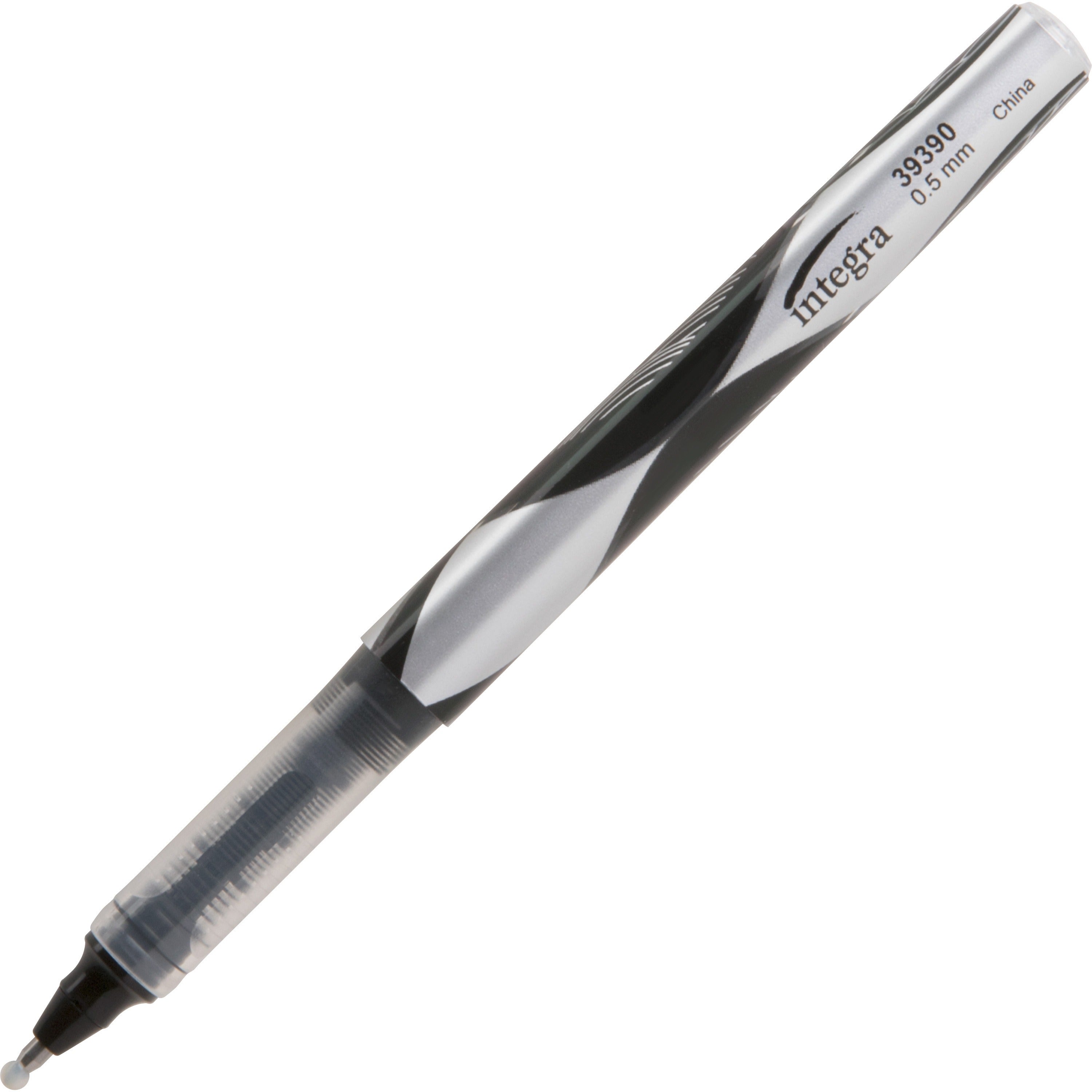 Integra Liquid Ink Rollerball Pens - Extra Fine Pen Point - 0.5 mm Pen Point Size - Black - Black Barrel - Metal Tip - 1 Dozen -