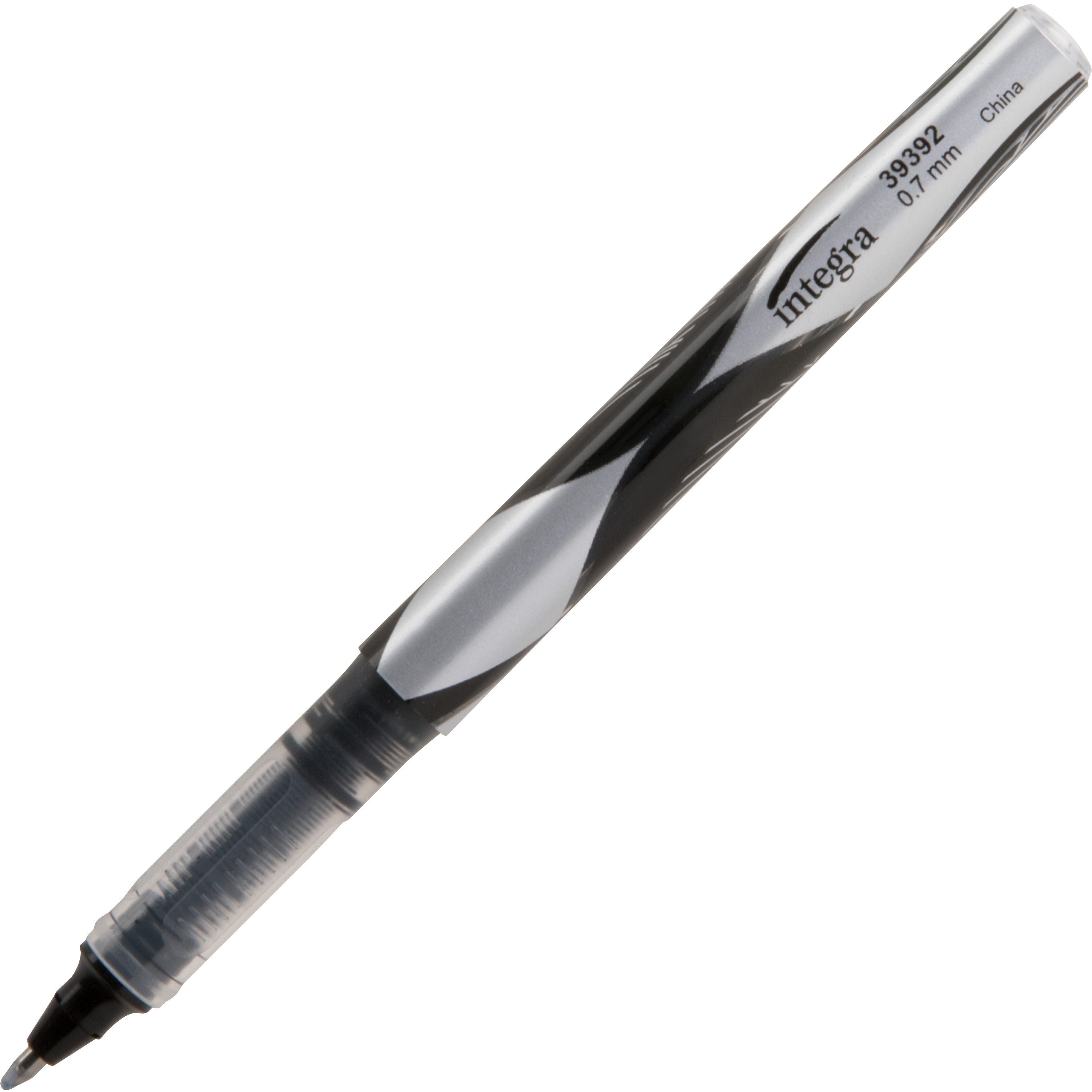 Integra Liquid Ink Rollerball Pens - Fine Pen Point - 0.7 mm Pen Point Size - Black - Black Barrel - Metal Tip - 1 Dozen -