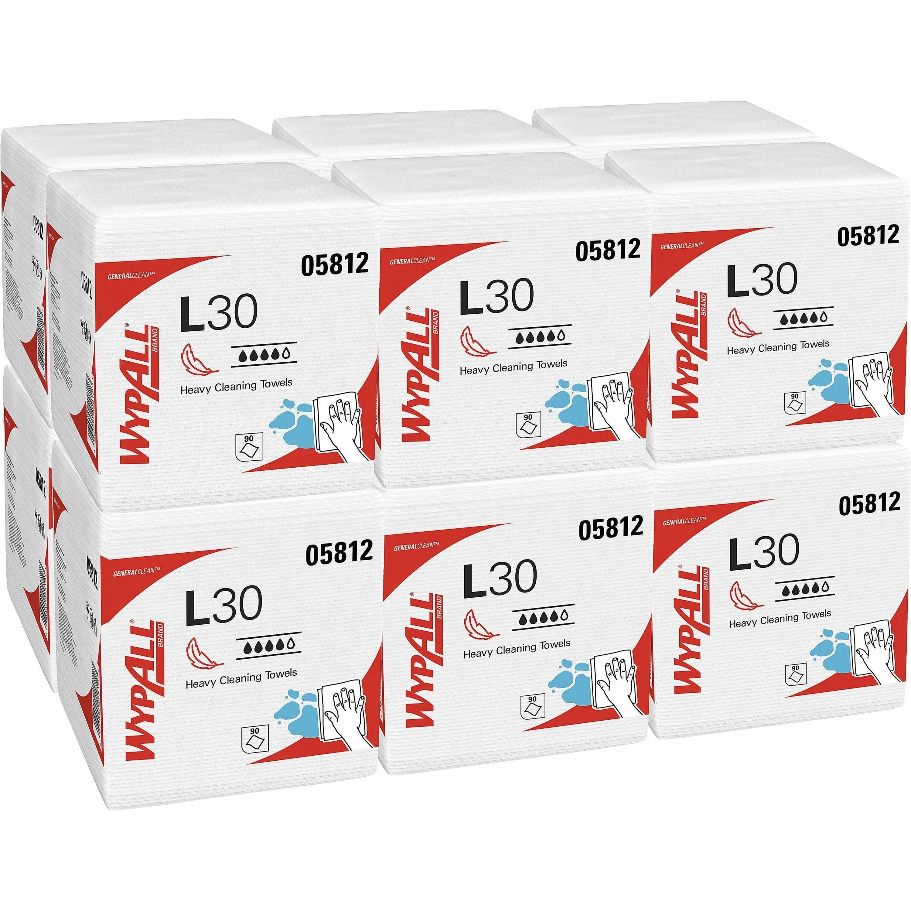 Wypall GeneralClean L30 Heavy Duty Cleaning Towels - White - For Cleaning, Maintenance - 90 Per Pack - 12 / Carton -