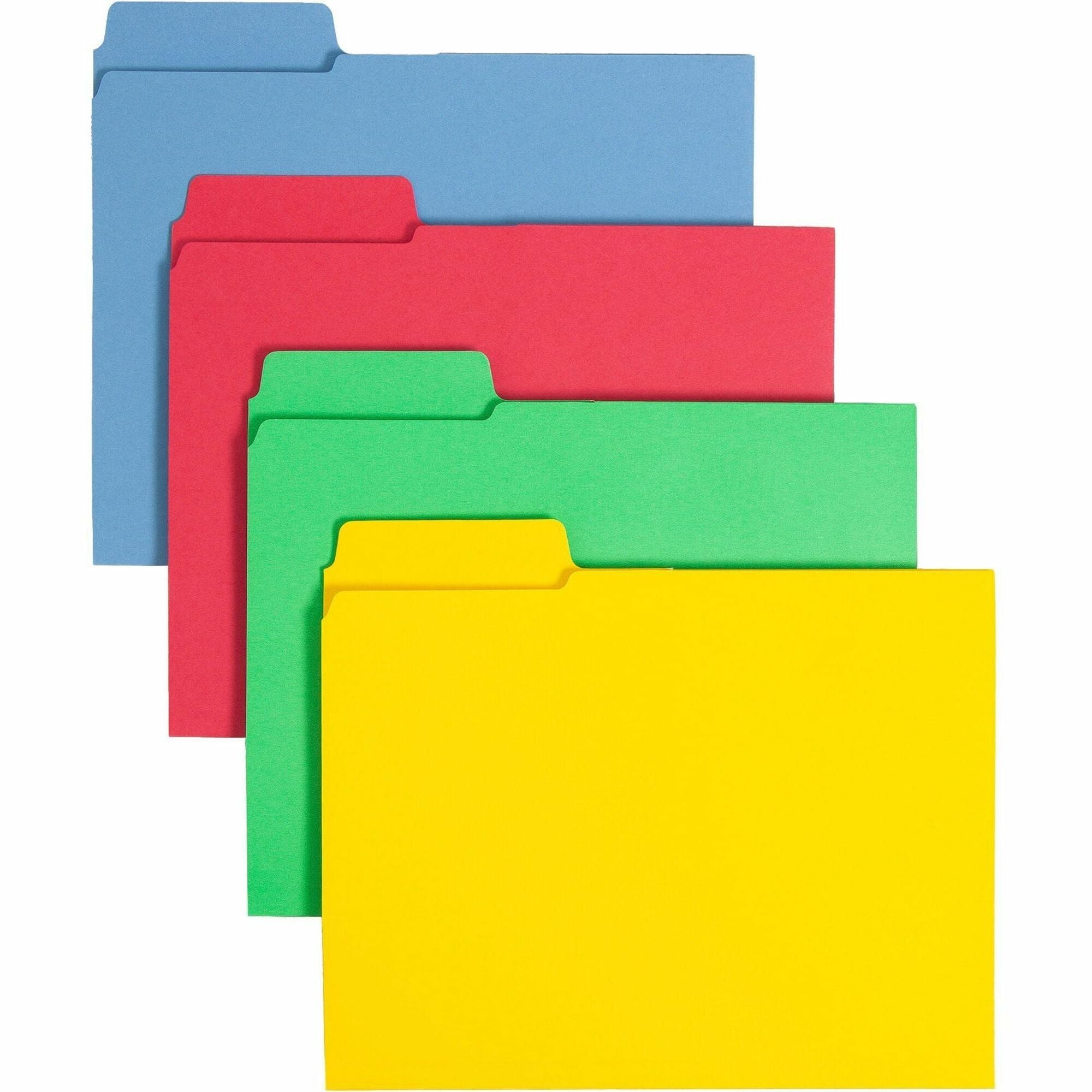 Smead SuperTab 1/3 Tab Cut Letter Recycled Top Tab File Folder - 8 1/2" x 11" - 3 Internal Pocket(s) - Blue, Red, Green, Yellow - 10% Recycled - 12 / Pack -