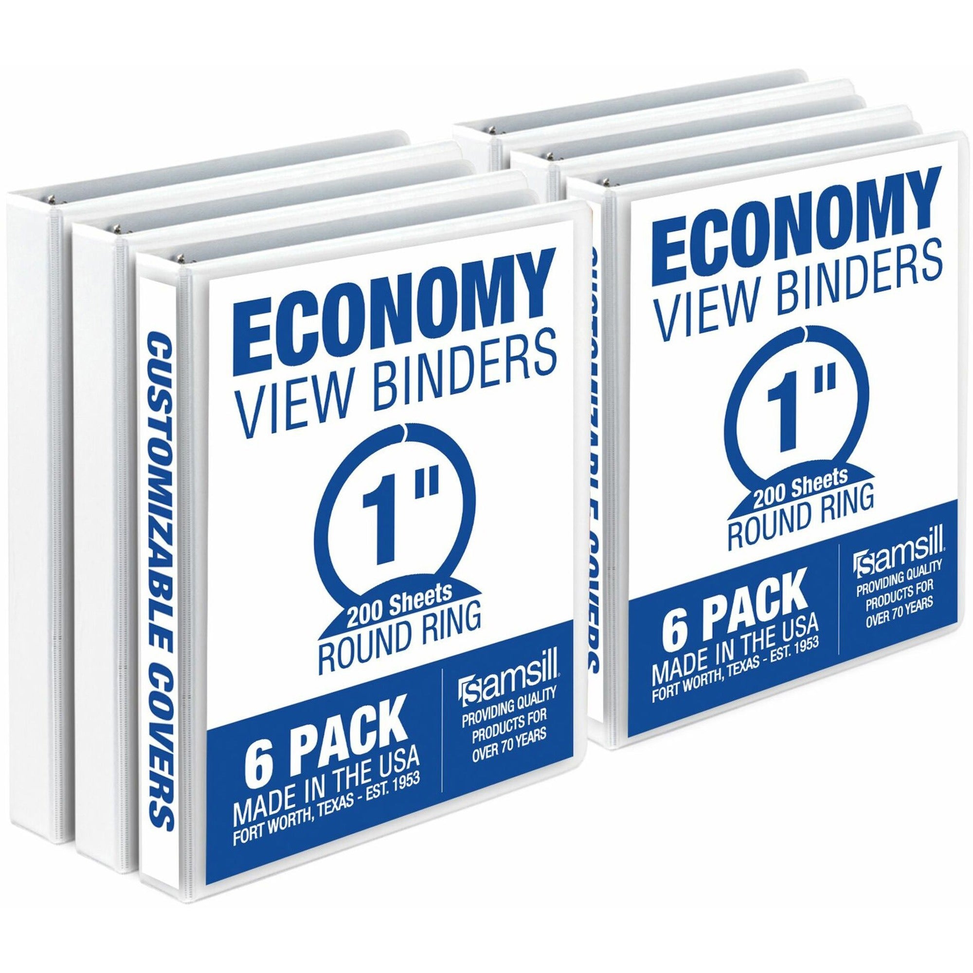 Samsill Economy View Binder - 1" Binder Capacity - 200 Sheet Capacity - 3 x Round Ring Fastener(s) - Polypropylene, Chipboard, Plastic - White - 4.02 lb - Recycled - Customizable Spine/Cover, Clear Overlay, Non-stick, Non-glare - 6 / Carton -
