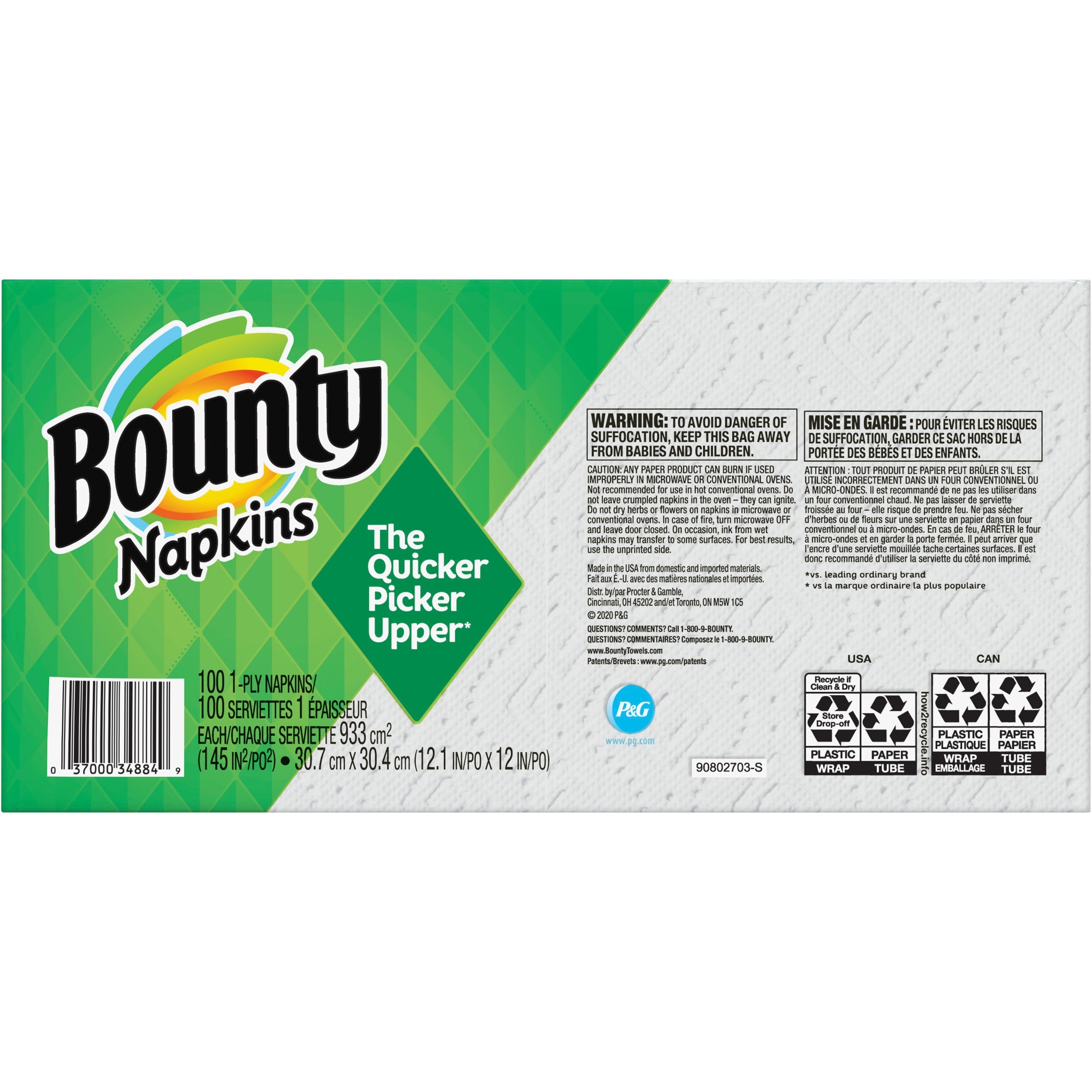 Bounty Quilted Napkins - 1 Ply - 12.10" x 12" - White - Paper - Soft, Strong, Absorbent, Quilted - For Multipurpose - 100 Per Pack - 20 / Carton -