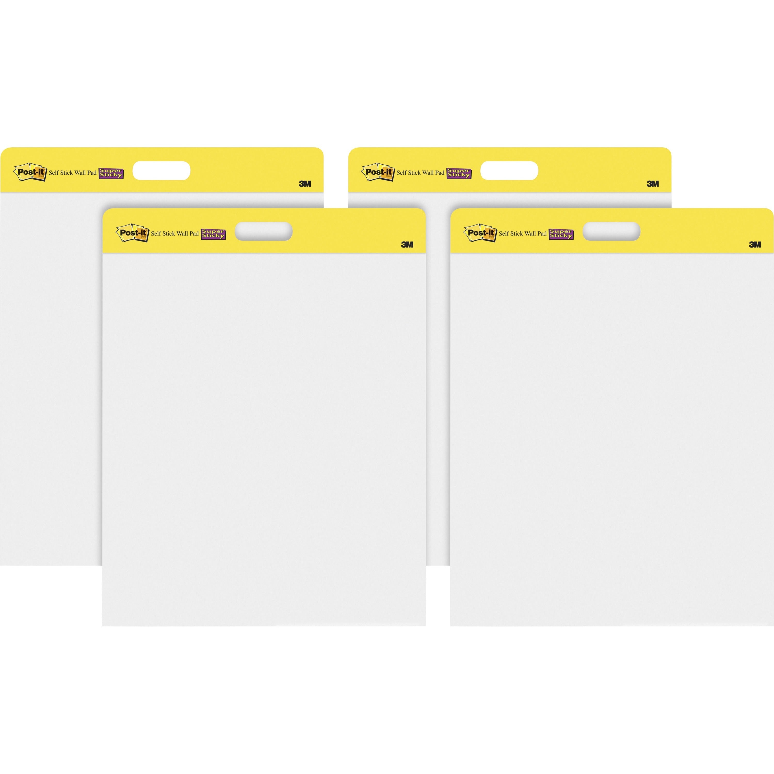 Post-it Self-Stick Wall Pads - 20 Sheets - Plain - Stapled - 18.50 lb Basis Weight - 20" x 23" - White Paper - Self-adhesive, Repositionable, Bleed Resistant, Cardboard Back - 4 / Carton -