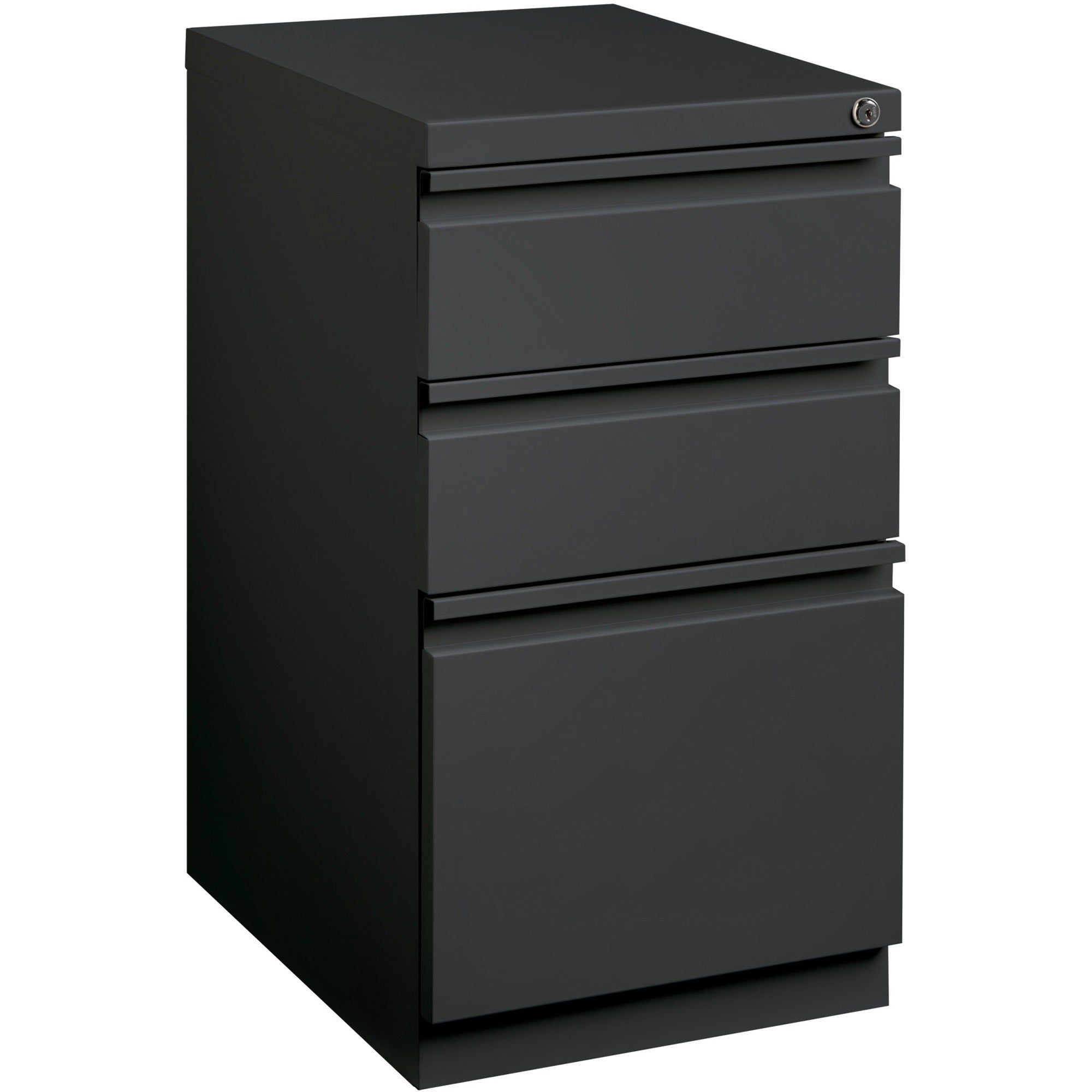 Lorell 20" Box/Box/File Mobile File Cabinet with Full-Width Pull - 15" x 19.9" x 27.8" - 3 x Drawer(s) for Box, File - Letter - Mobility, Casters, Drawer Extension, Security Lock, Recessed Drawer, Ball-bearing Suspension - Charcoal - Steel - Recycled -