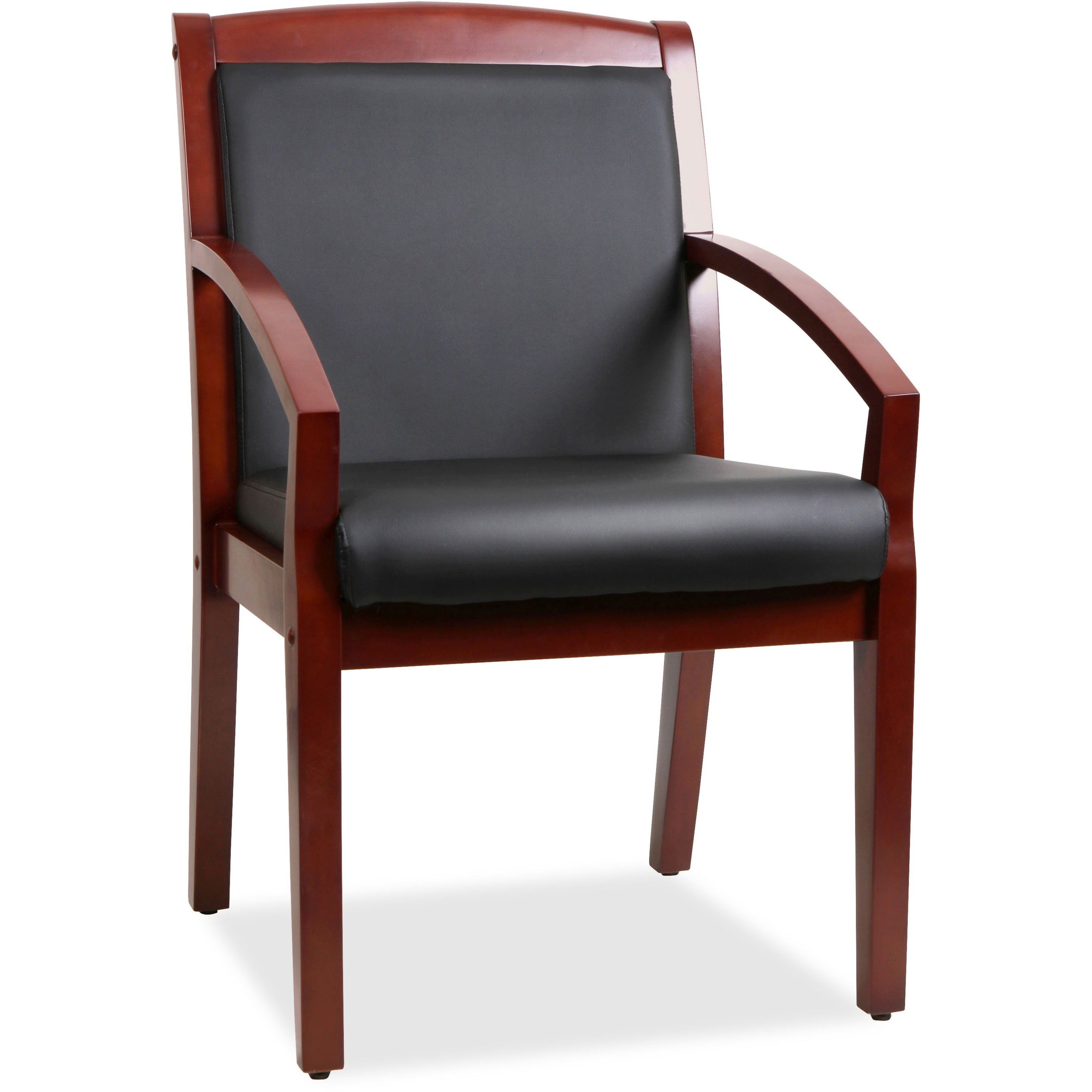 Lorell Sloping Arms Wood Frame Guest Chair - Black Bonded Leather Seat - Black Bonded Leather Back - Cherry Wood Frame - Four-legged Base - 1 Each -