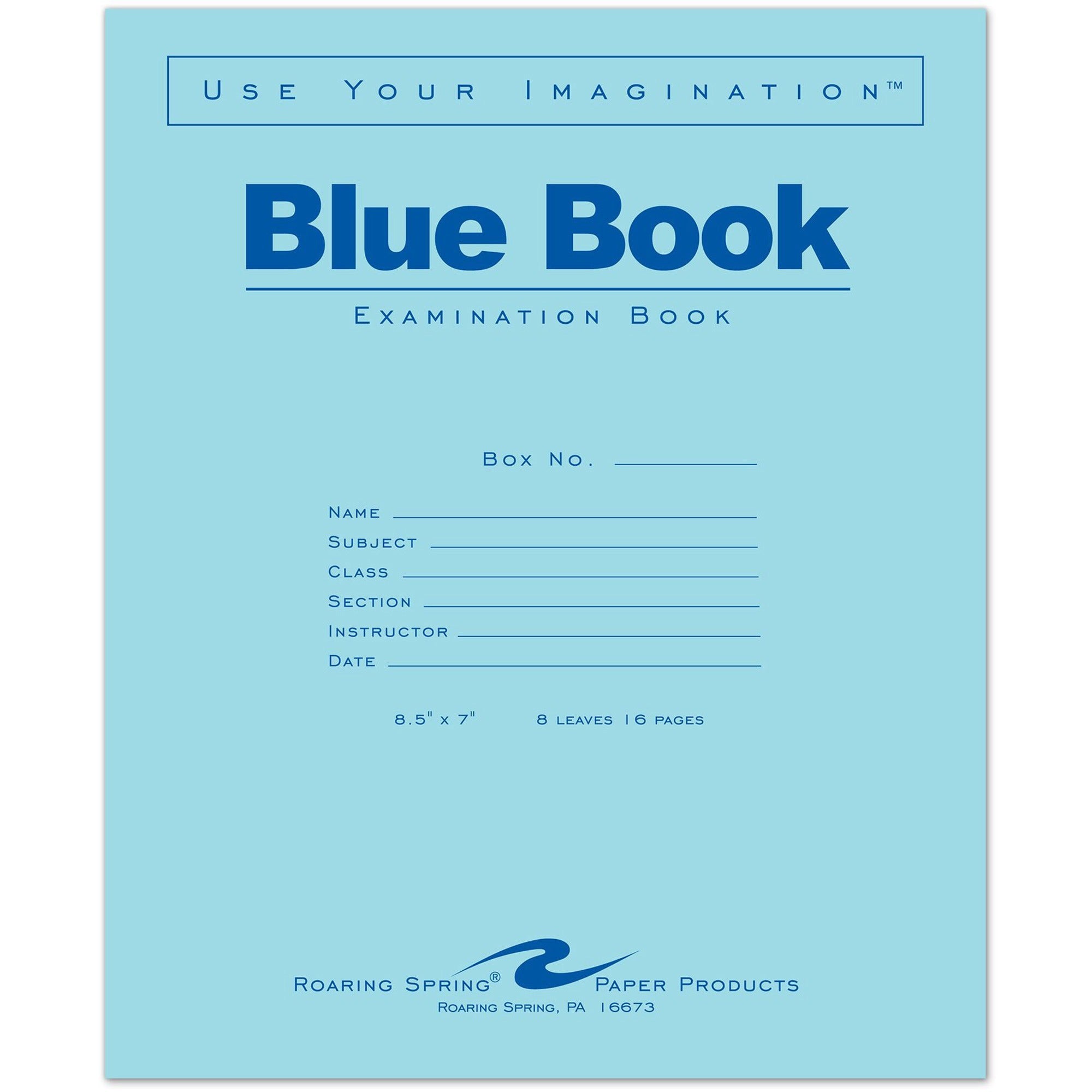 Roaring Spring Blue Book 8-sheet Exam Booklet - 8 Sheets - Stapled - Ruled Margin - 15 lb Basis Weight - 7" x 8 1/2" - White Paper - Blue Cover - Dual Sided - 1 Each -
