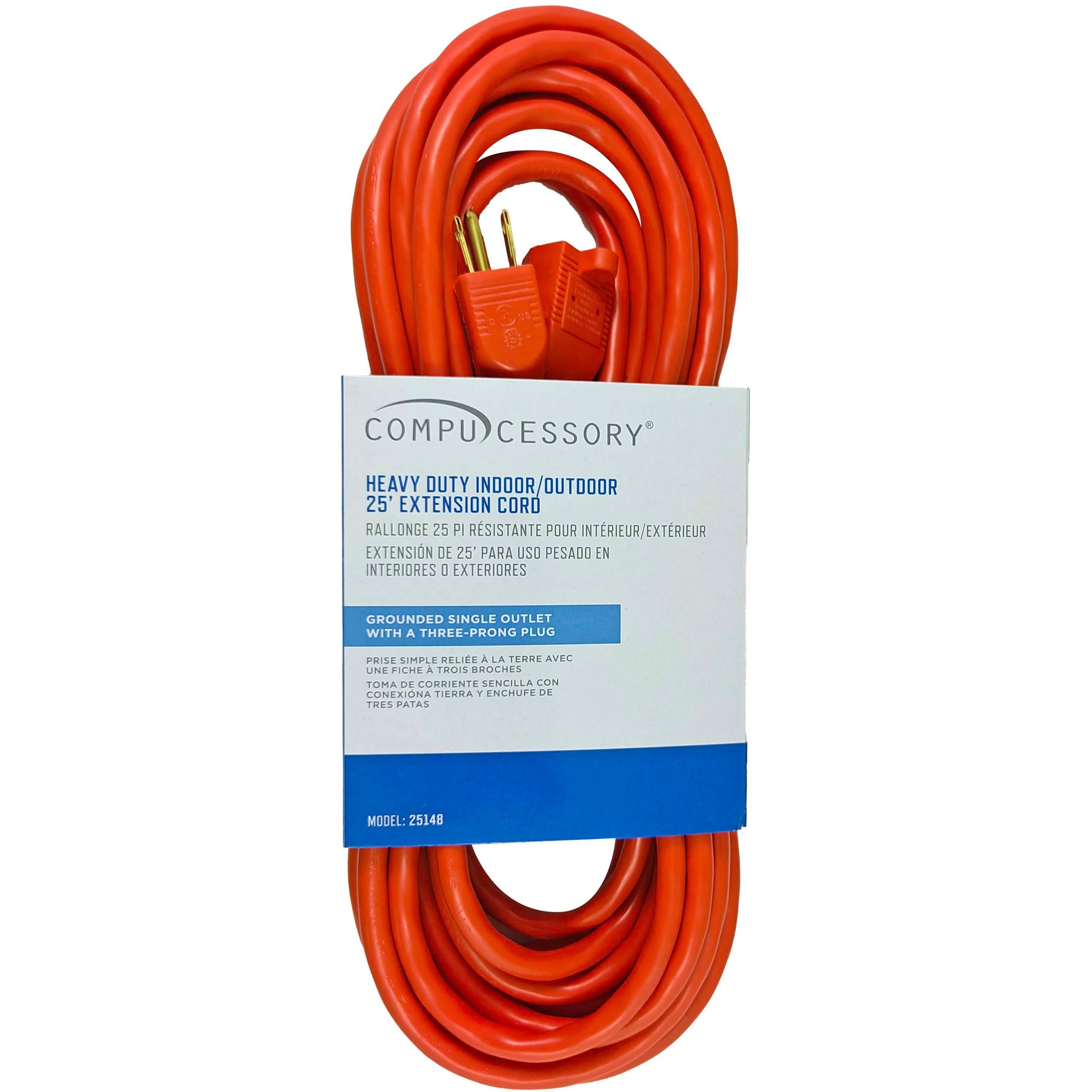 Compucessory Heavy-duty Indoor/Outdoor Extension Cord - 16 Gauge - 125 V AC13 A - Orange - 25 ft Cord Length - 1 -