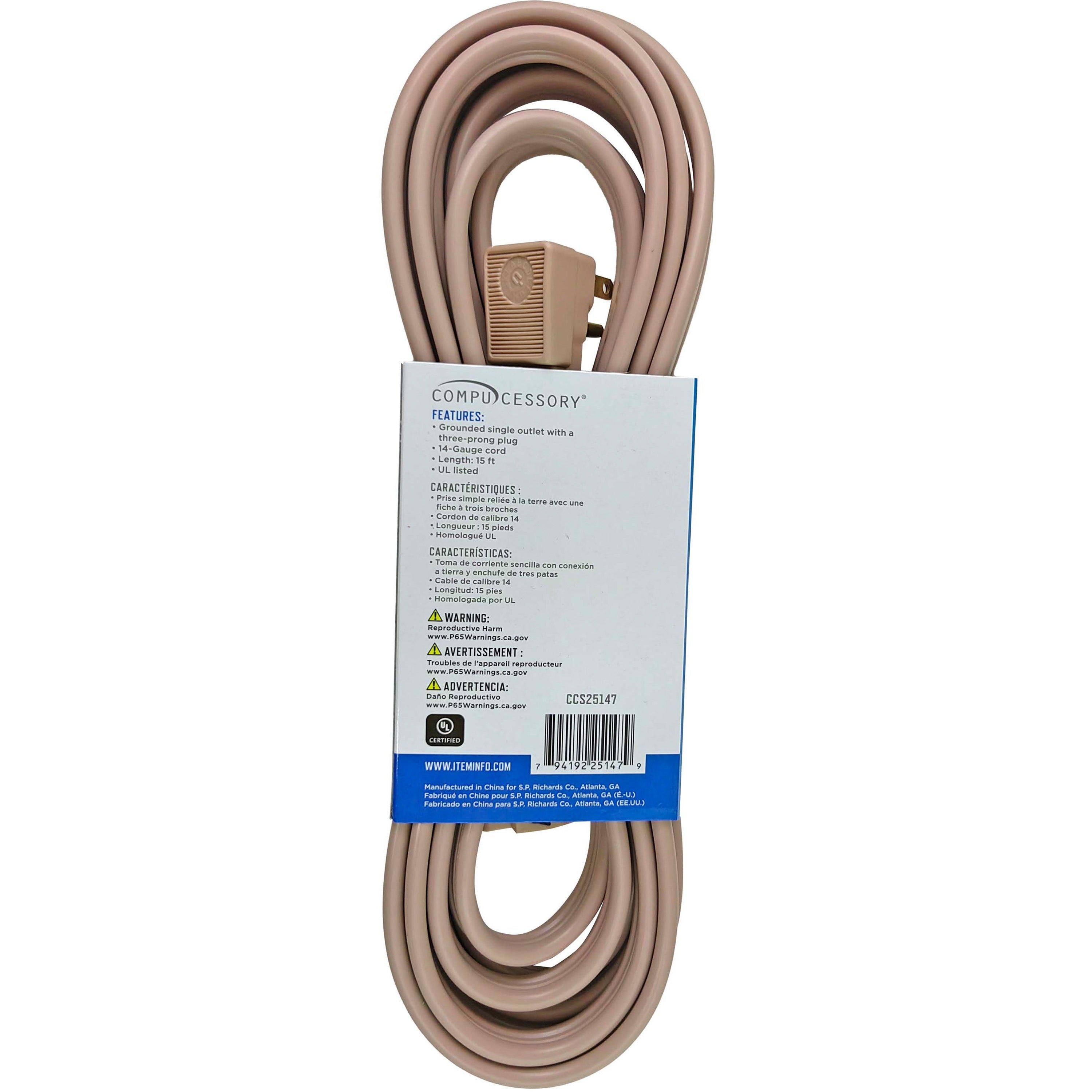 Compucessory Heavy Duty Indoor Extension Cord - 14 Gauge - 125 V AC15 A - Beige - 15 ft Cord Length - 1 -