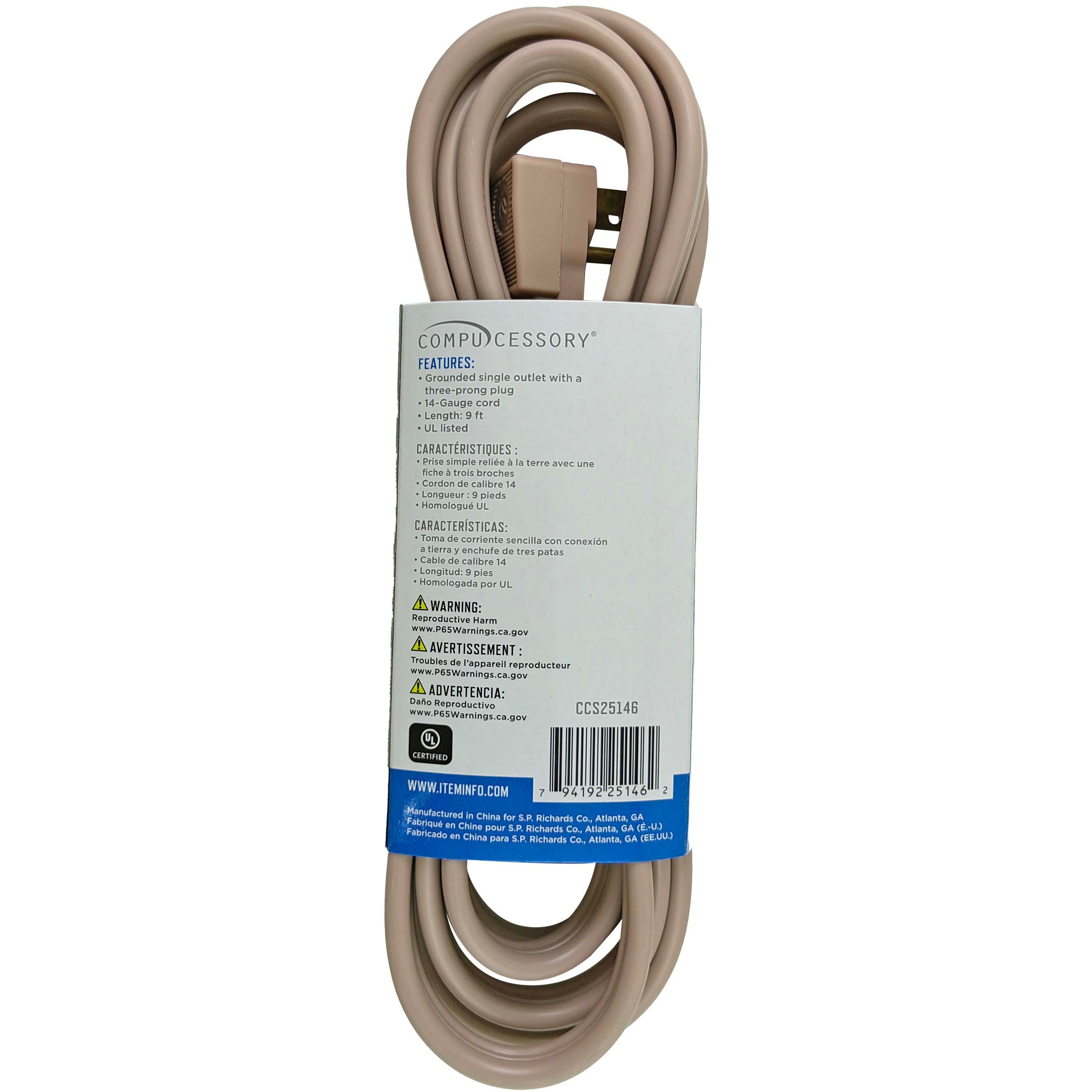 Compucessory Heavy Duty Indoor Extension Cord - 14 Gauge - 125 V AC15 A - Beige - 9 ft Cord Length - 1 -