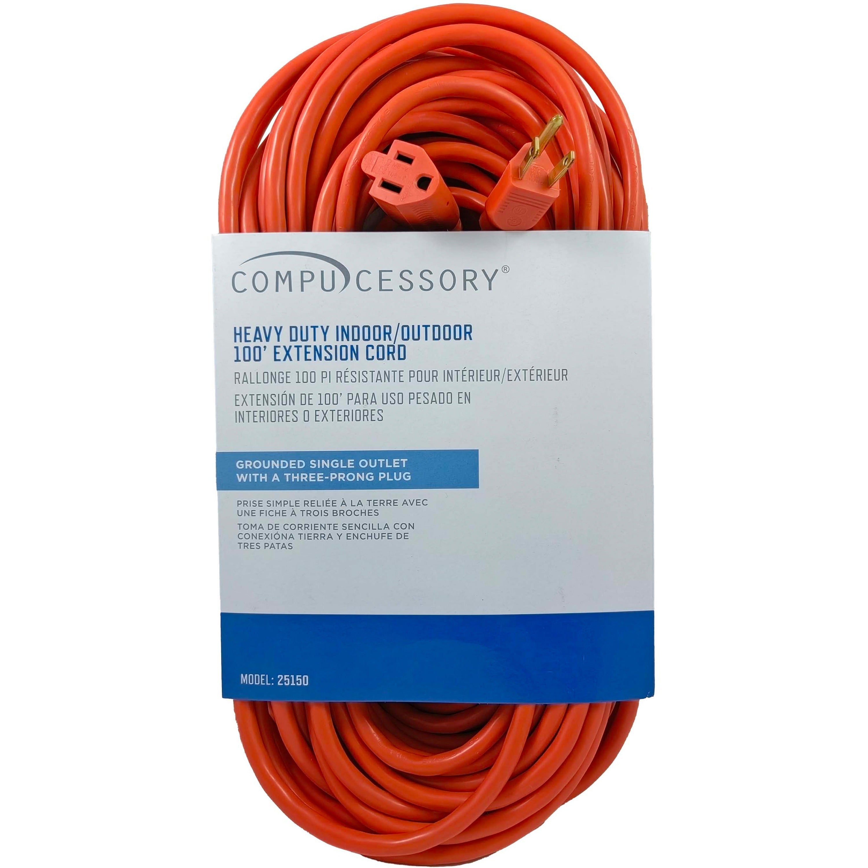 Compucessory Heavy-duty Indoor/Outdoor Extension Cord - 16 Gauge - 125 V AC13 A - Orange - 100 ft Cord Length - 1 -